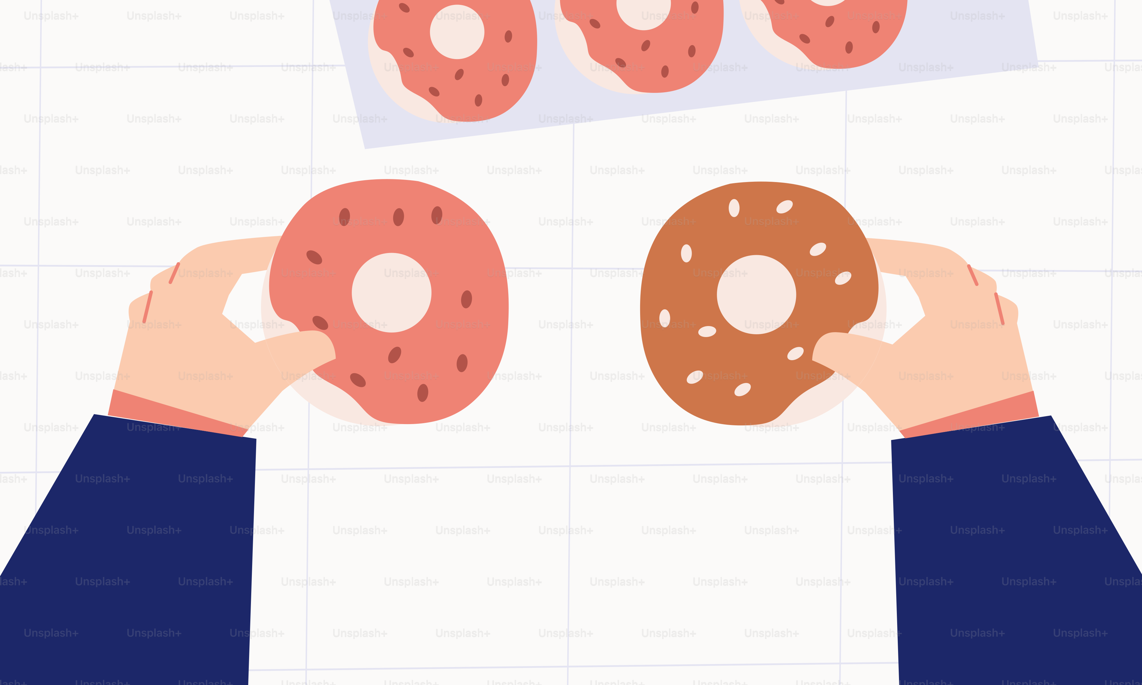 Two hands holding donuts in front of a paper with donuts on it