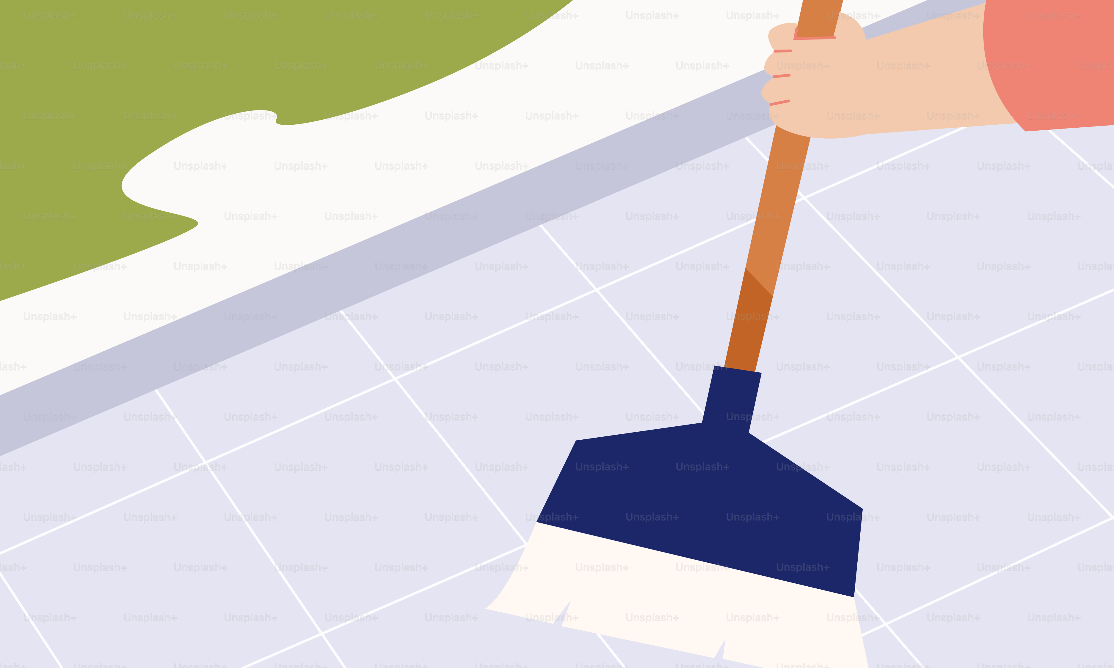 A person holding a broom over a tiled floor
