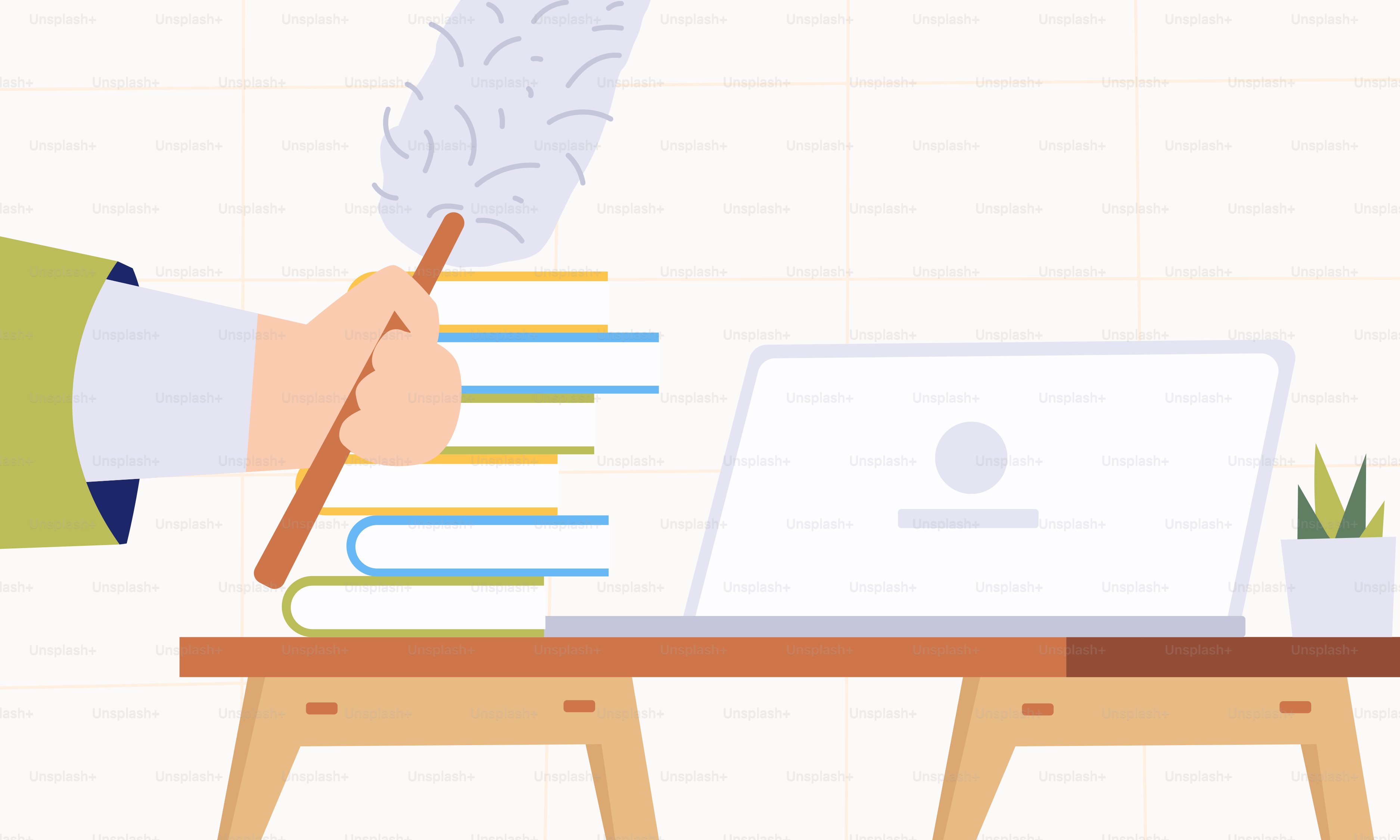 A hand holding a feather over a pile of books