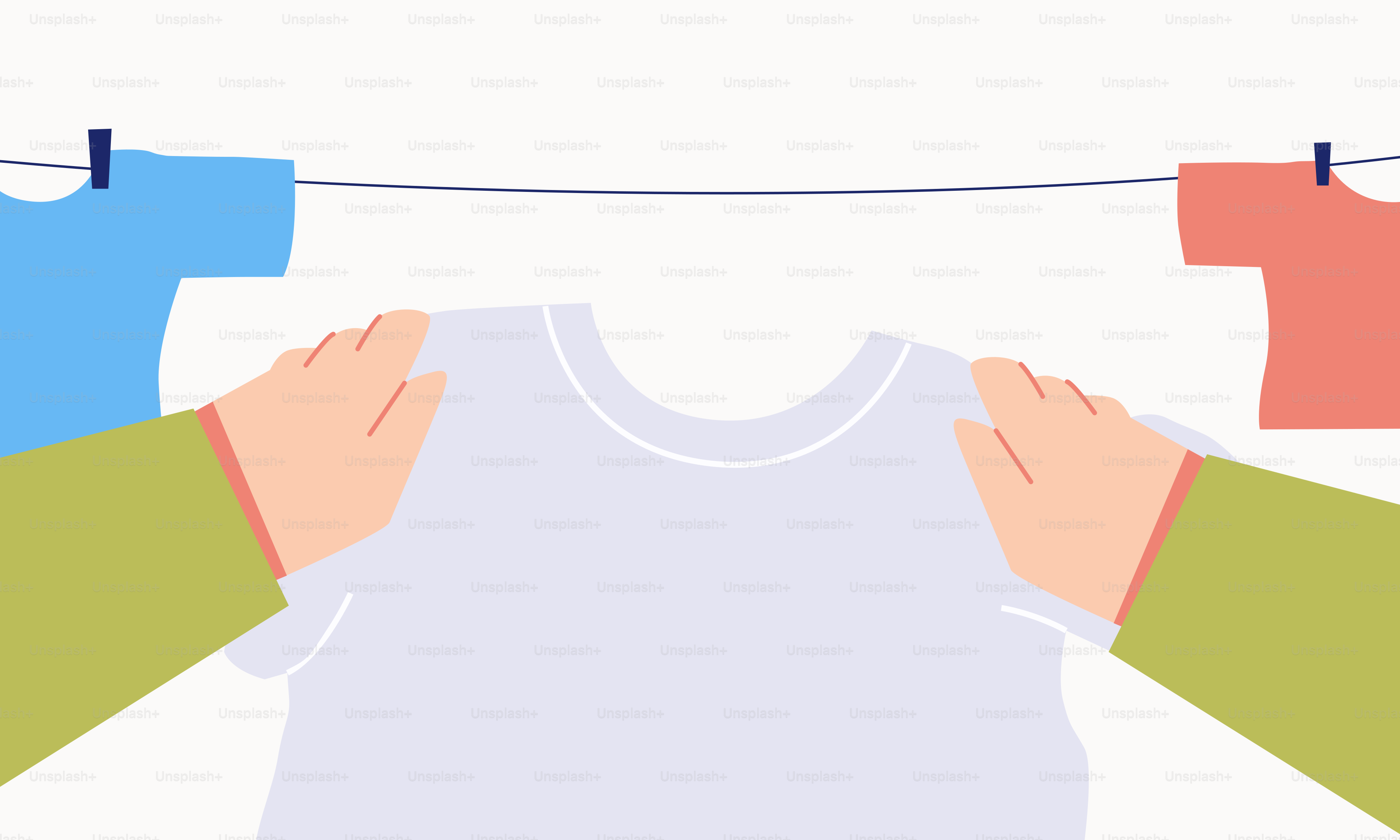 Three hands holding clothes on a clothes line