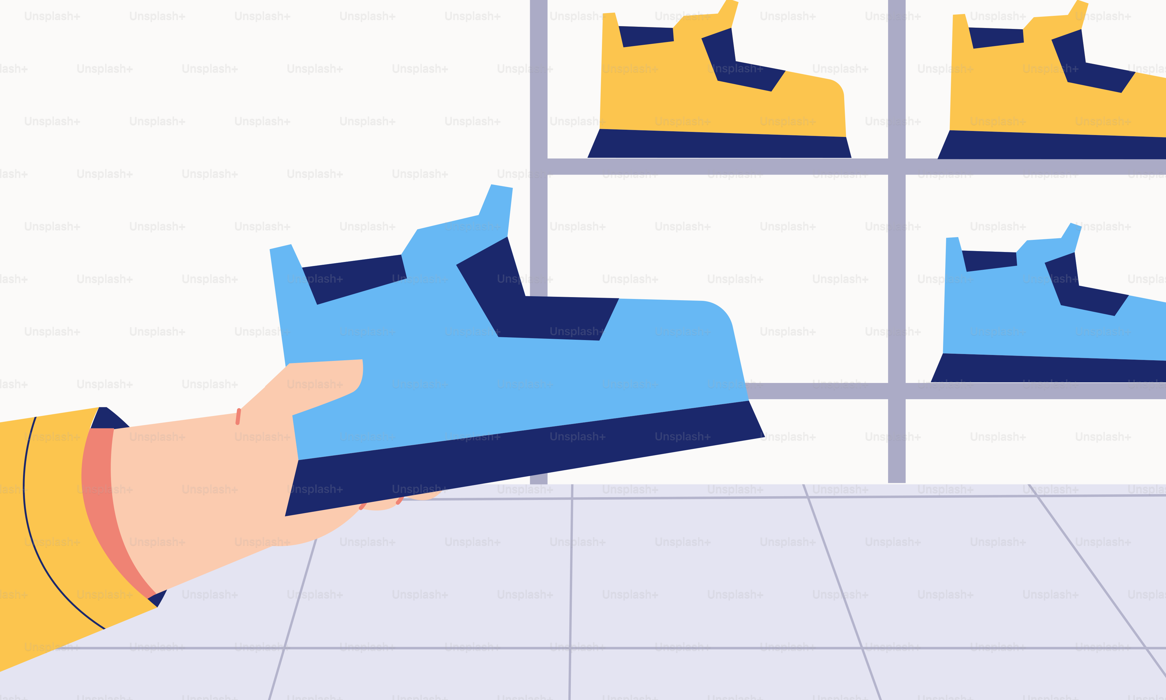 Tangan memegang sepasang sepatu biru dan kuning