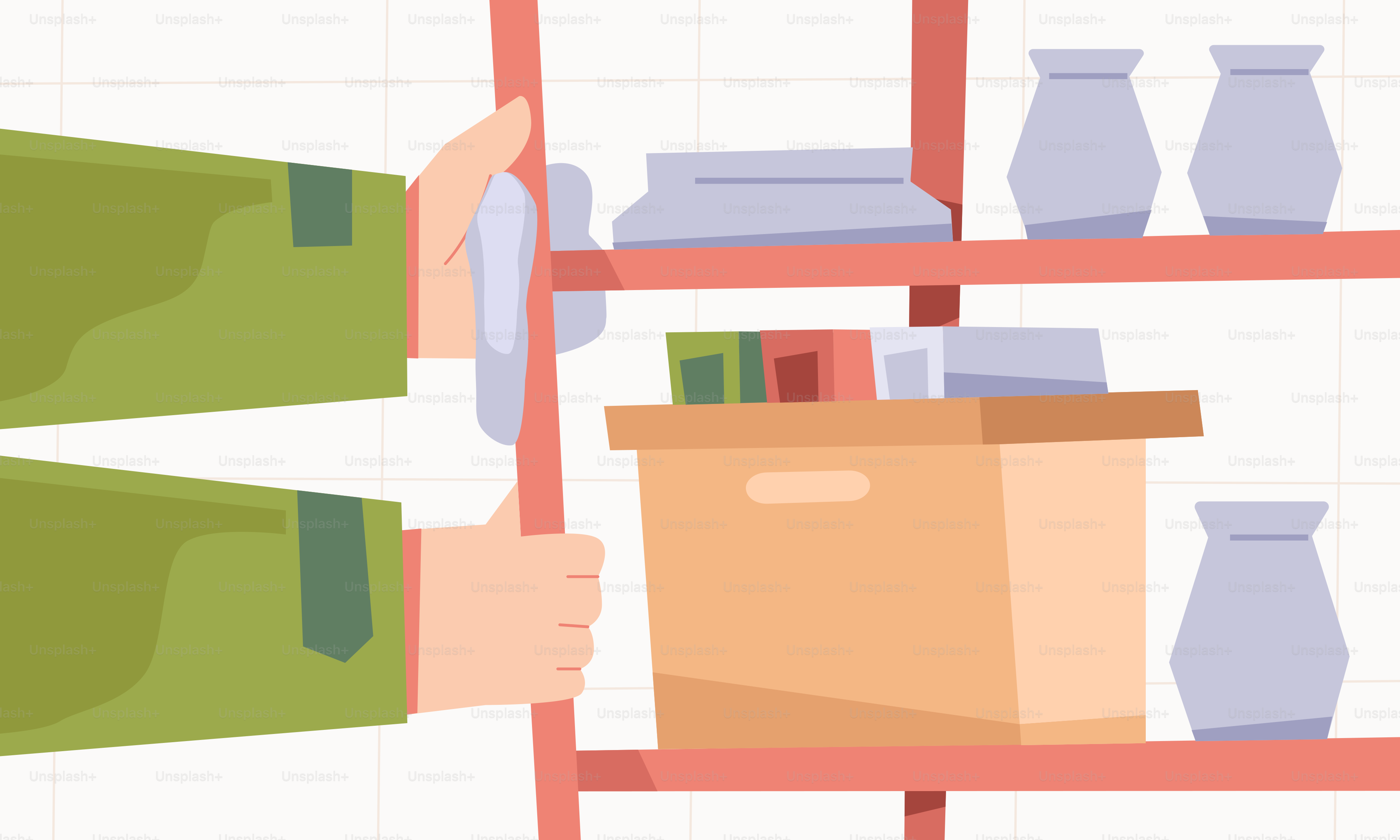 A person holding a box in front of a shelf