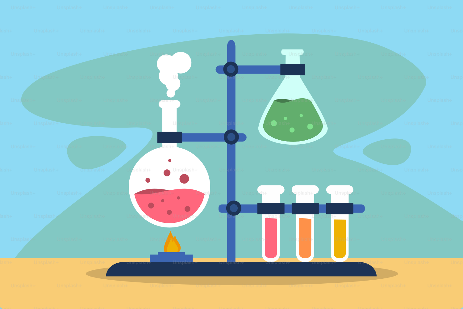 A science experiment with a beakle and flasks filled with liquid