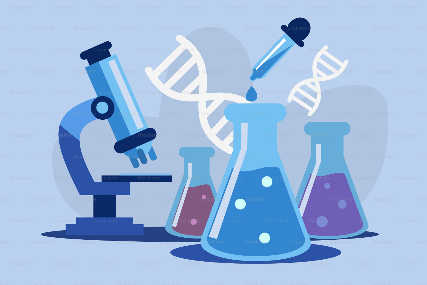 Ein Mikroskop, ein Becher und Flaschen mit blauem Hintergrund