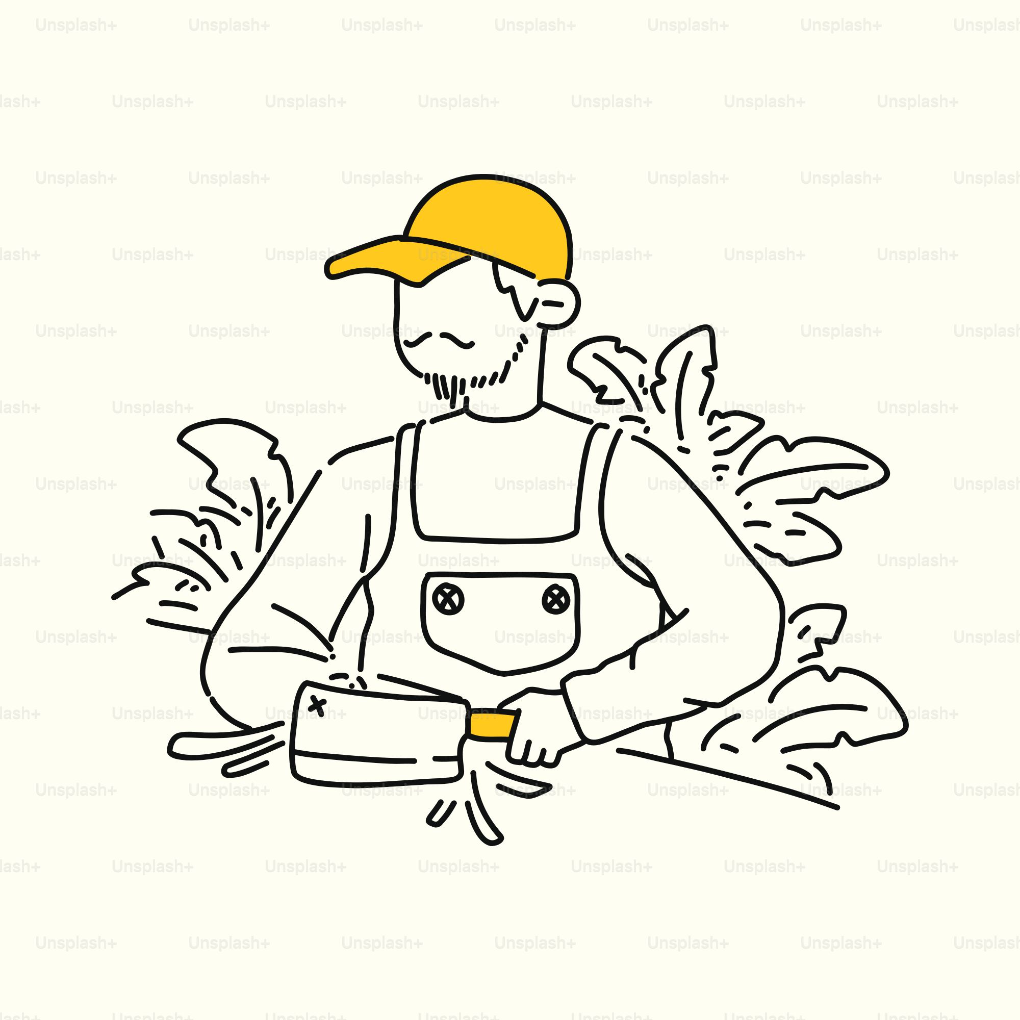 Um desenho de um homem com um avental e um chapéu