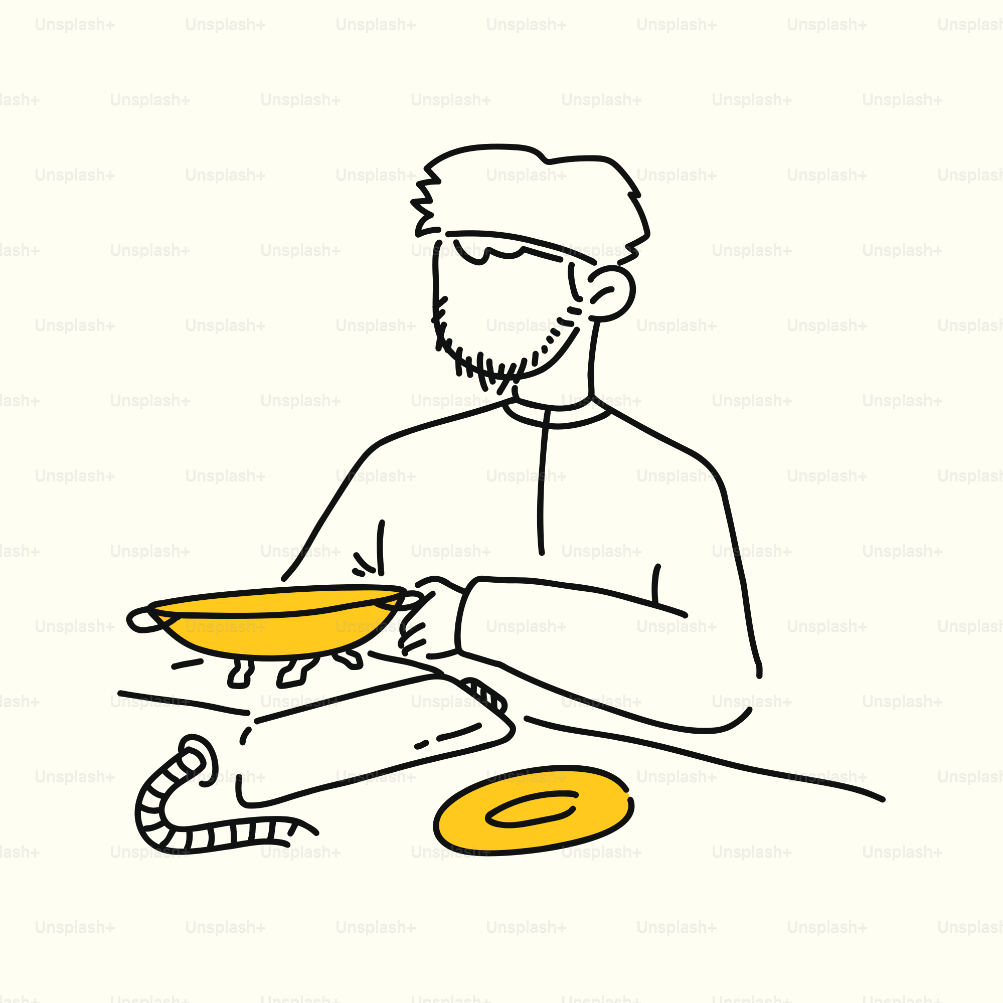A drawing of a man holding a bowl of food