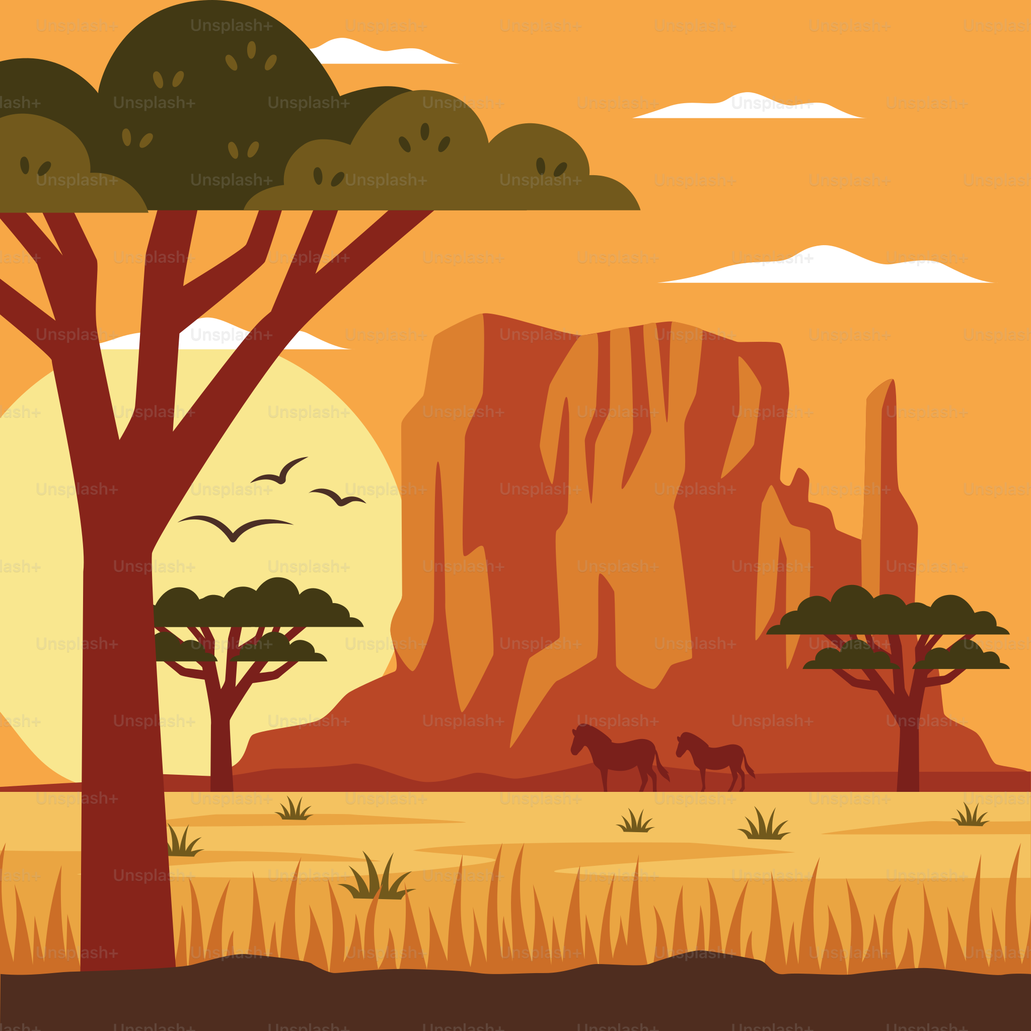 A landscape with trees, mountains, and birds