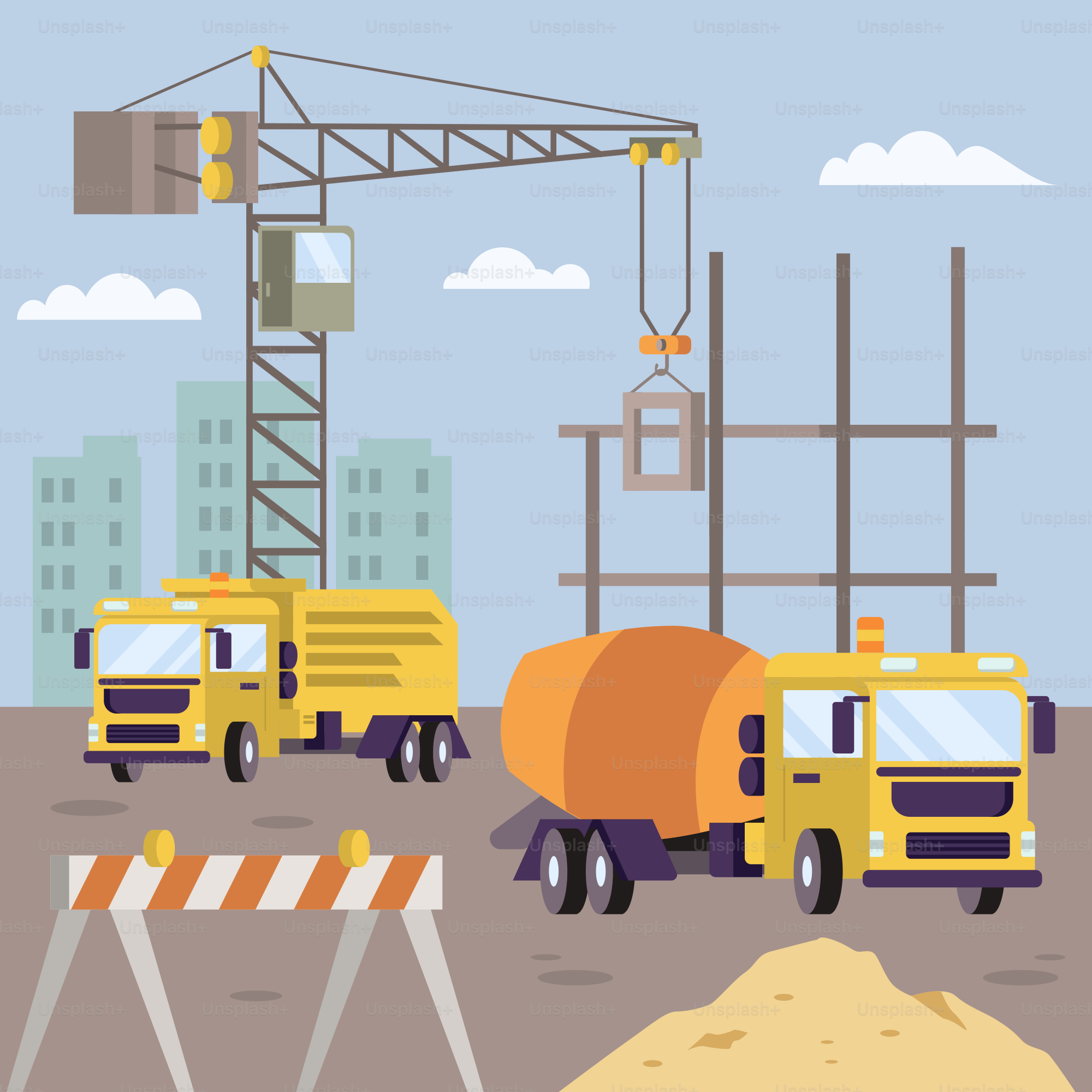 A group of construction trucks parked in a parking lot