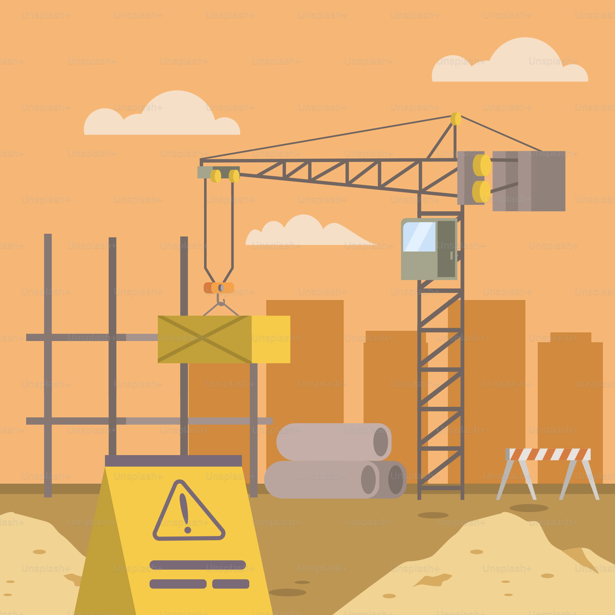 A construction site with a crane in the background