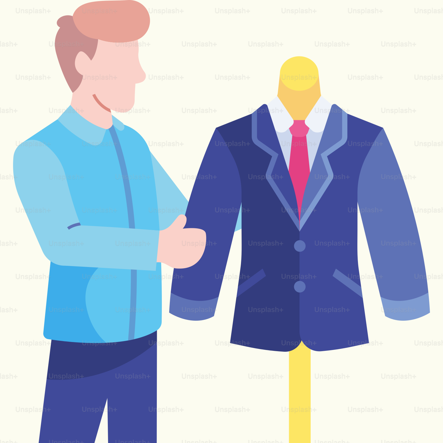 A man standing next to a suit on a mannequin