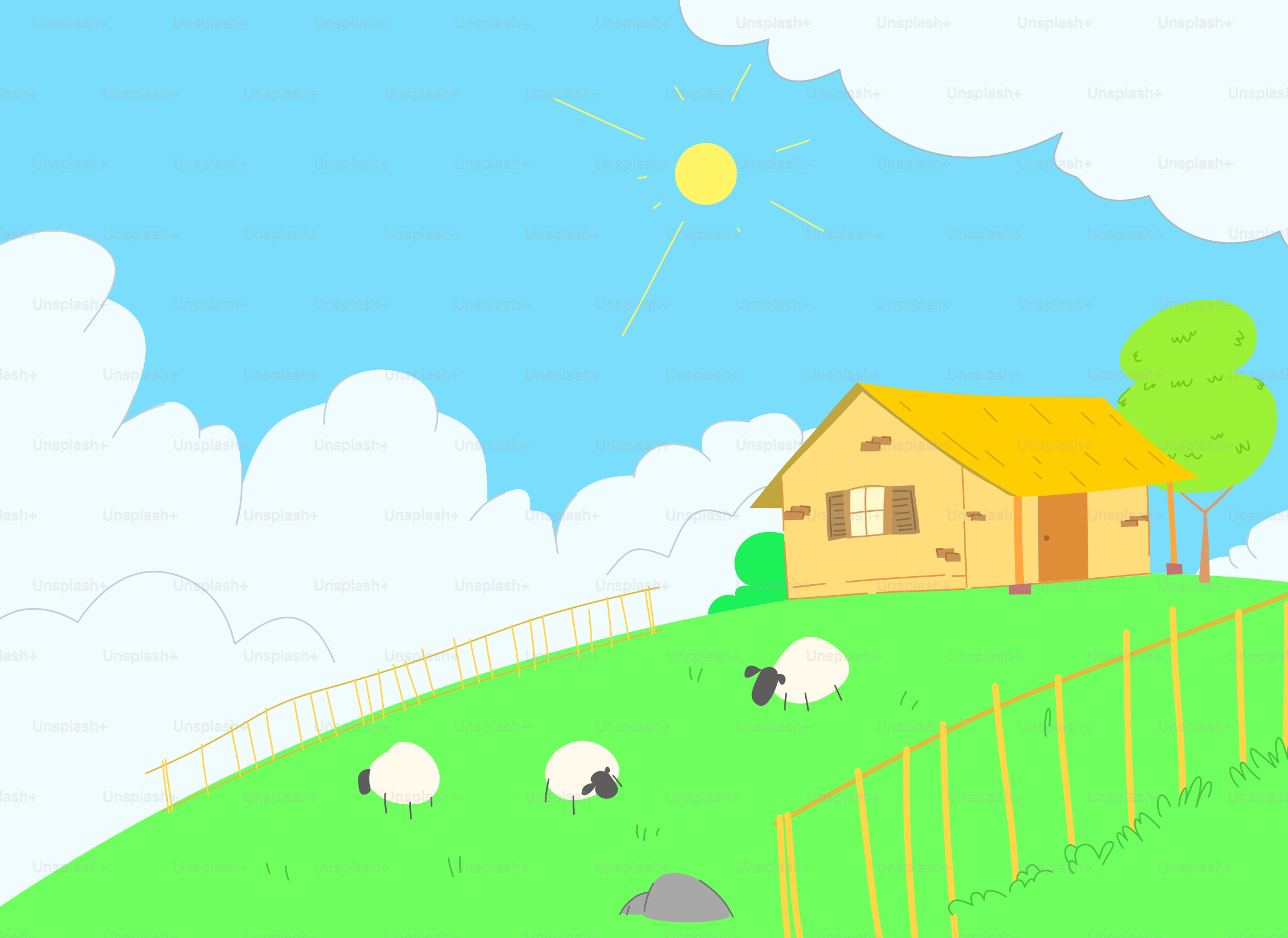 Dessin d’une maison sur une colline avec des moutons
