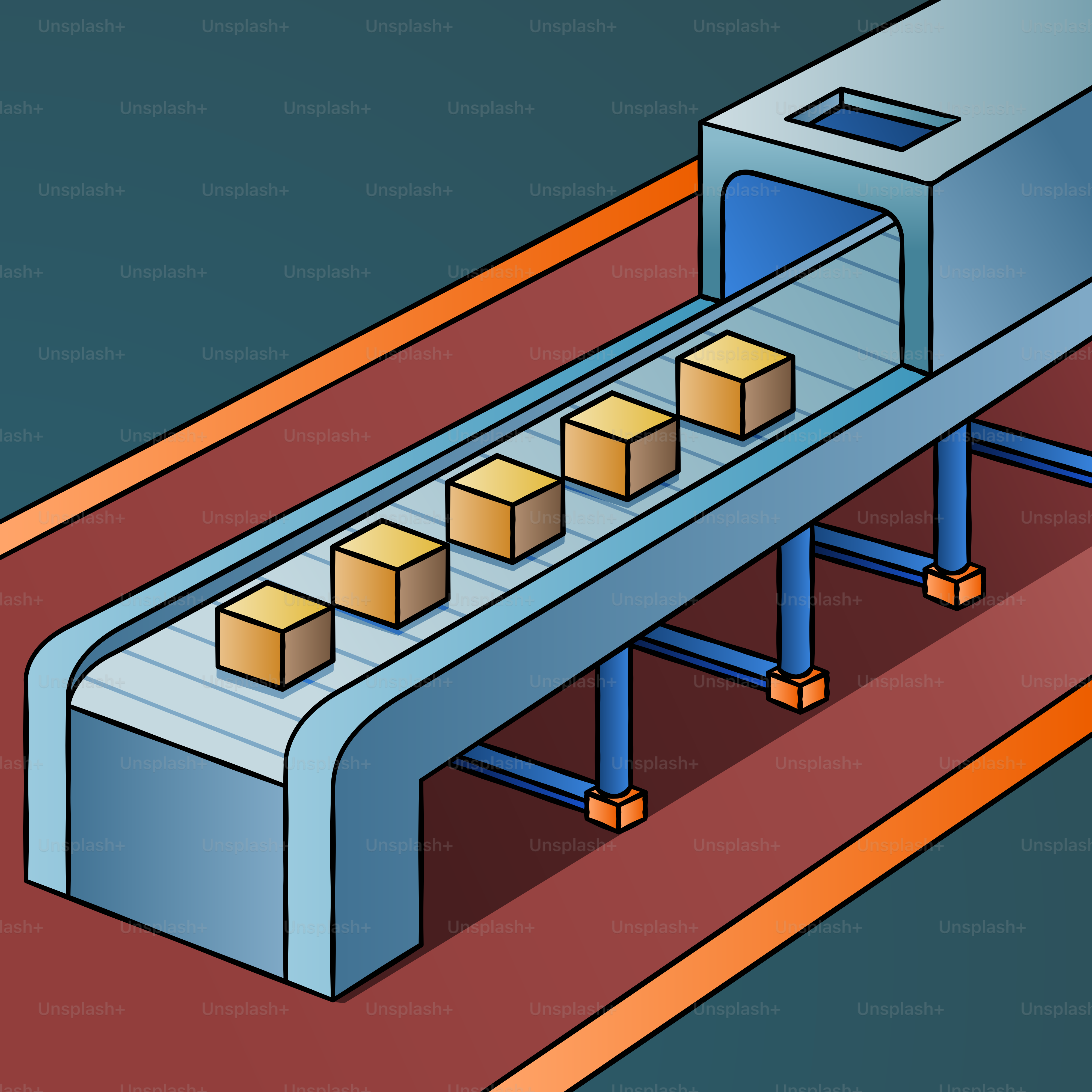 A drawing of a conveyor belt with boxes on it