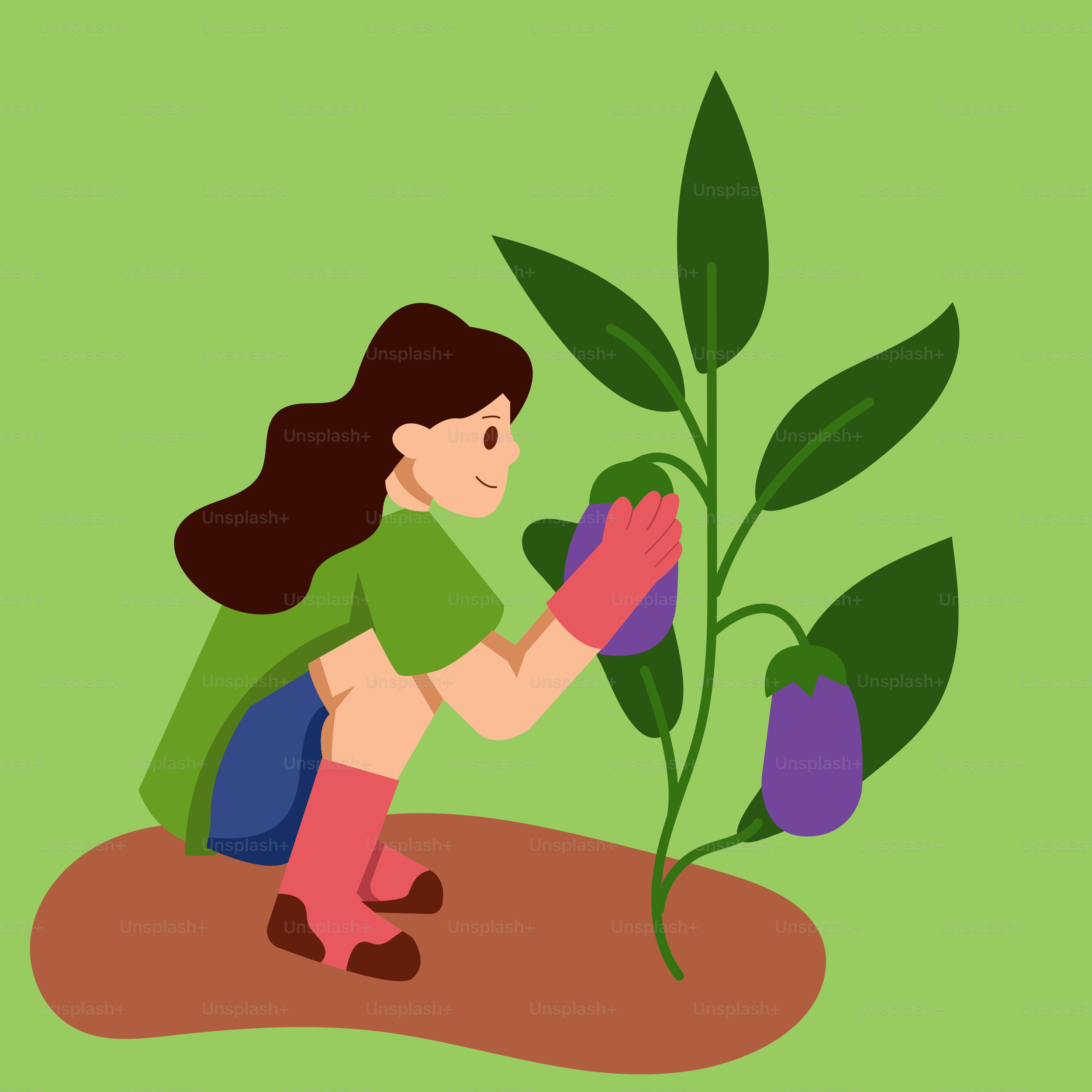 A woman kneeling down next to a plant
