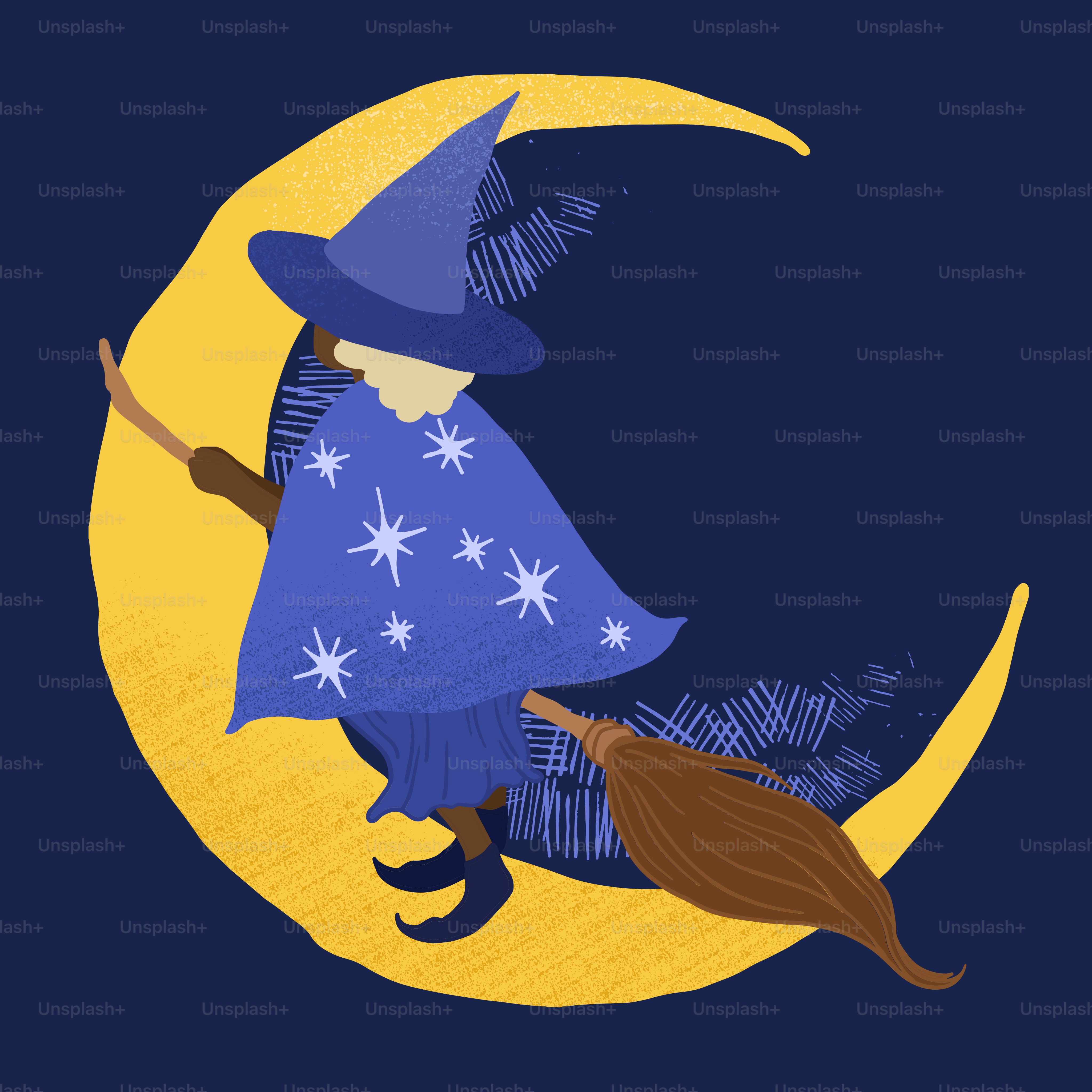 A drawing of a witch flying on the moon