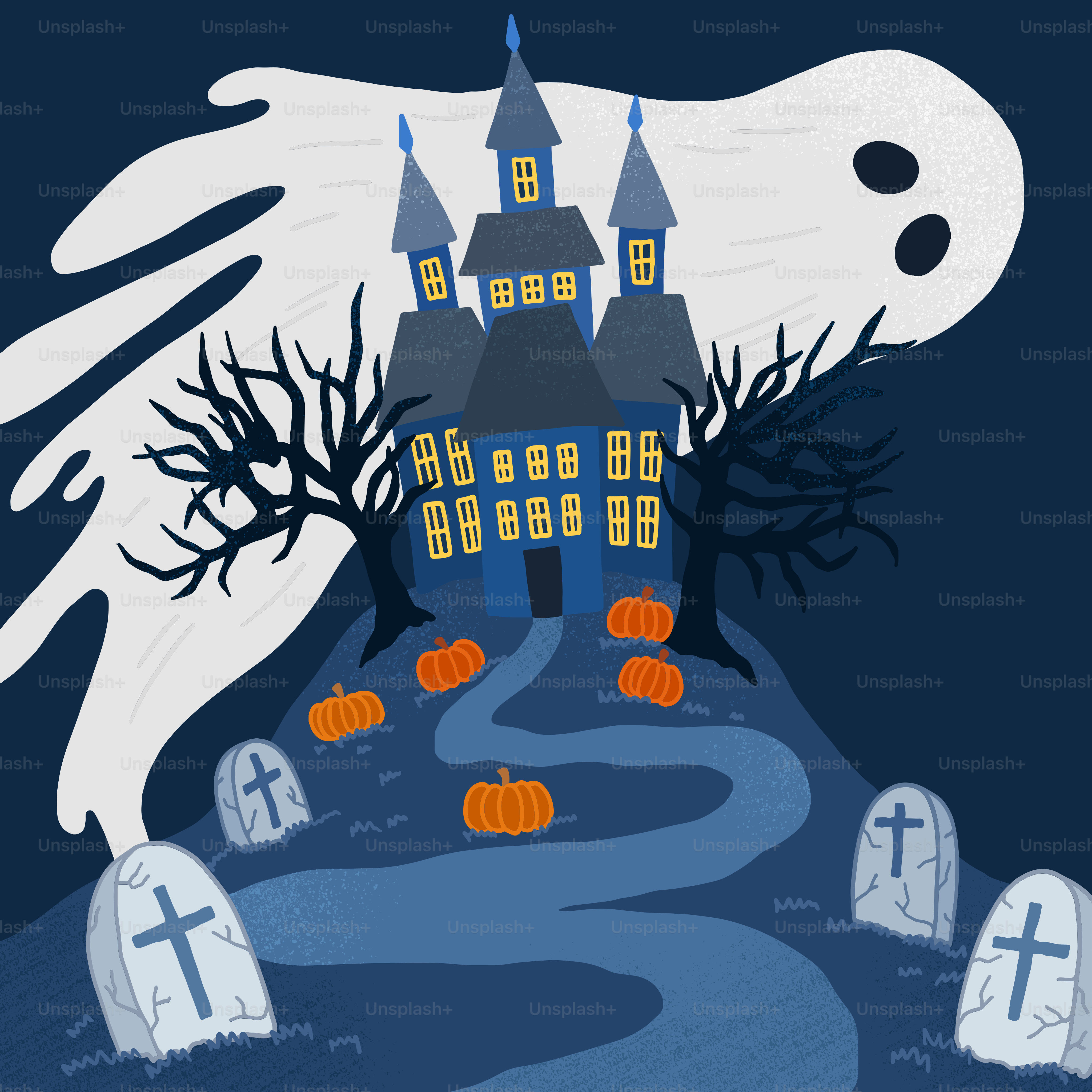 A halloween scene with a ghost flying over a cemetery