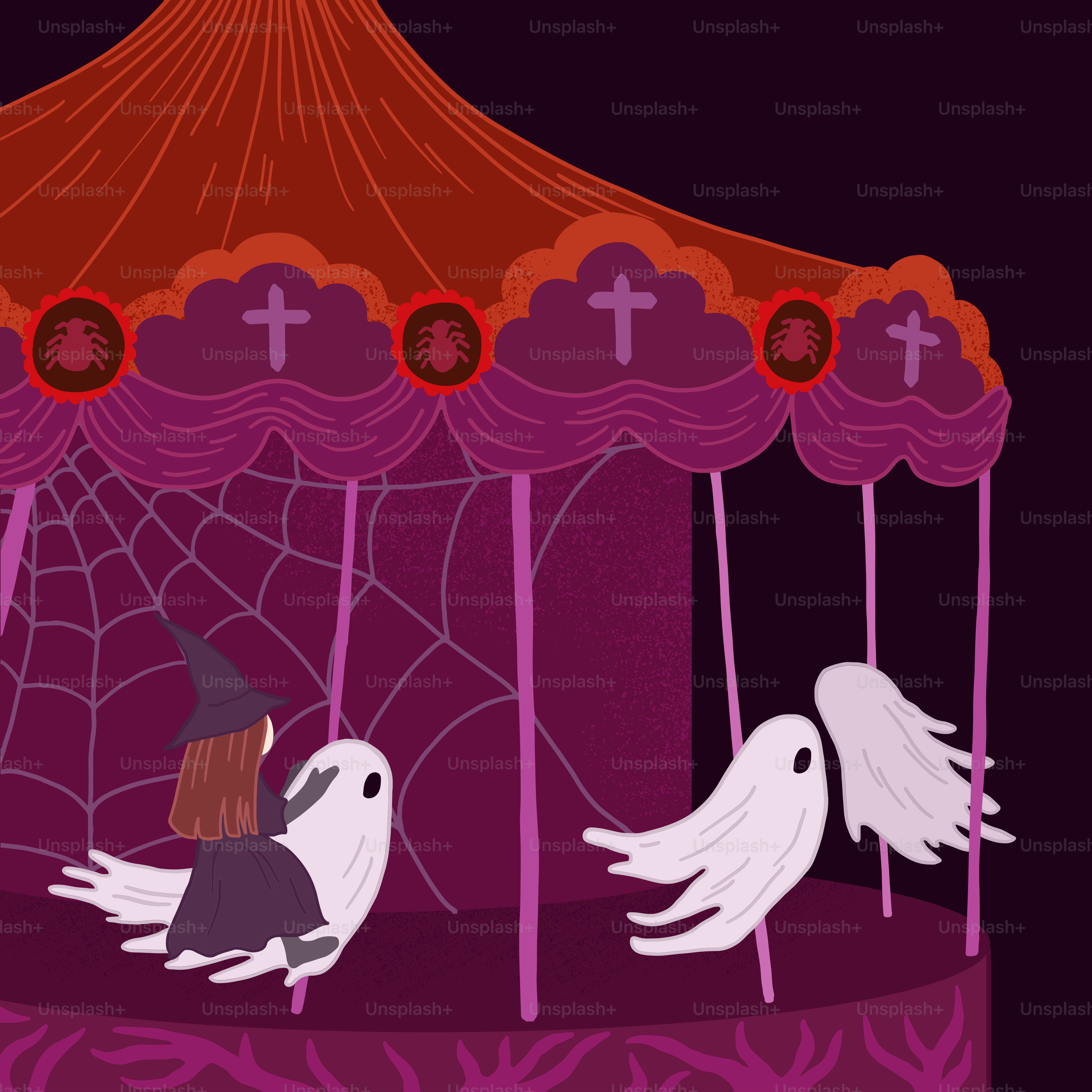 Una caricatura de dos fantasmas montando un tiovivo