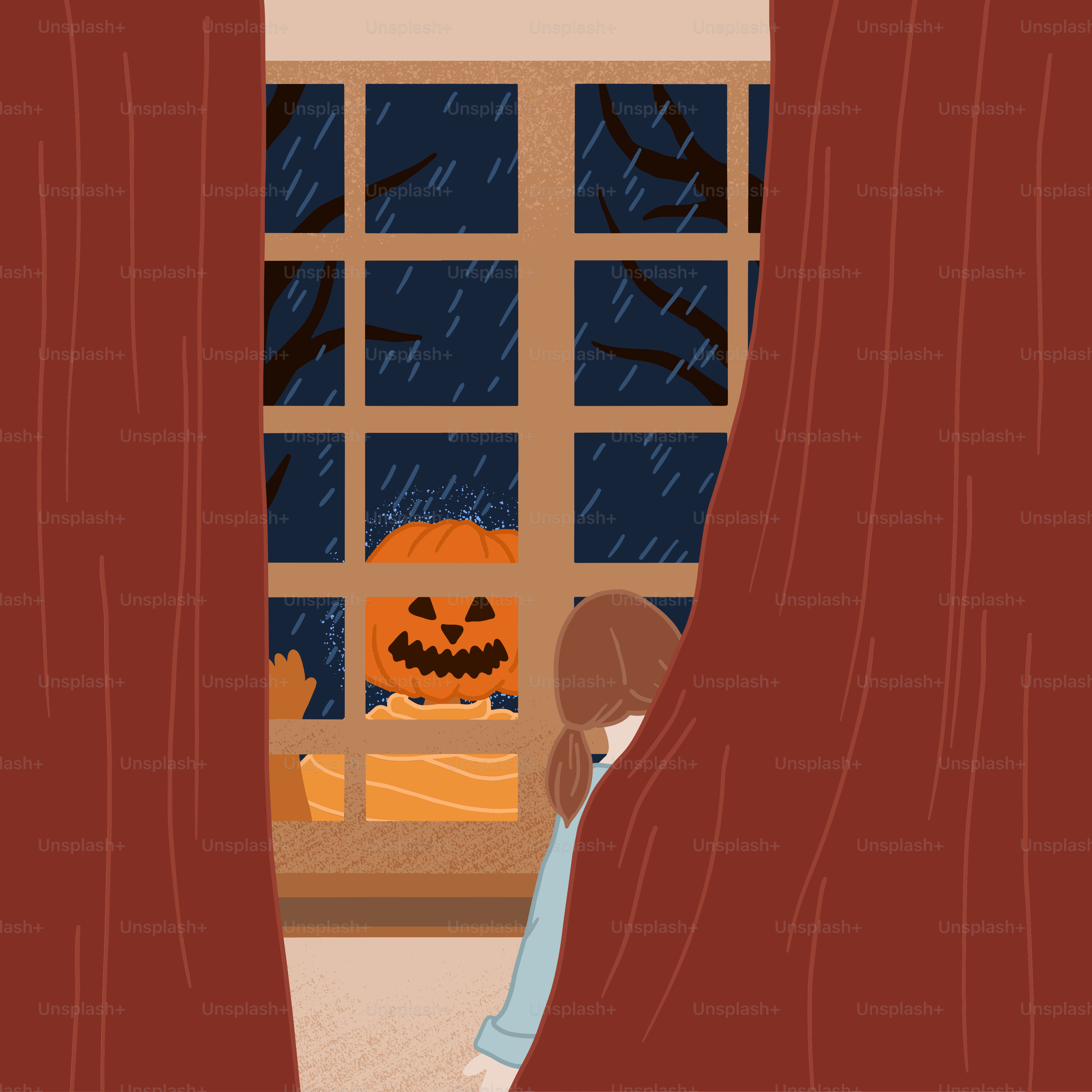 Una caricatura de un niño mirando por una ventana a una calabaza
