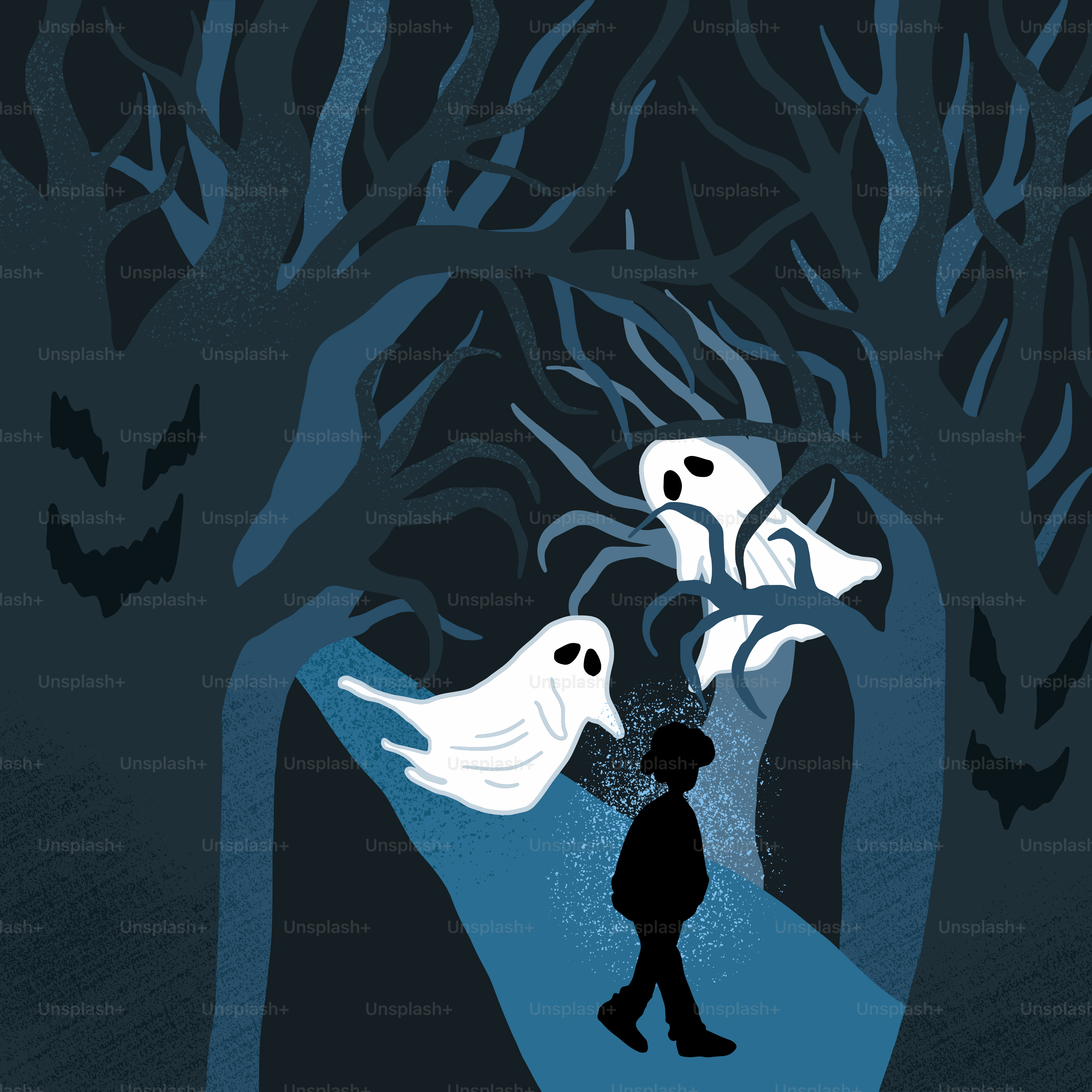 Una persona parada frente a un árbol con caras de fantasmas