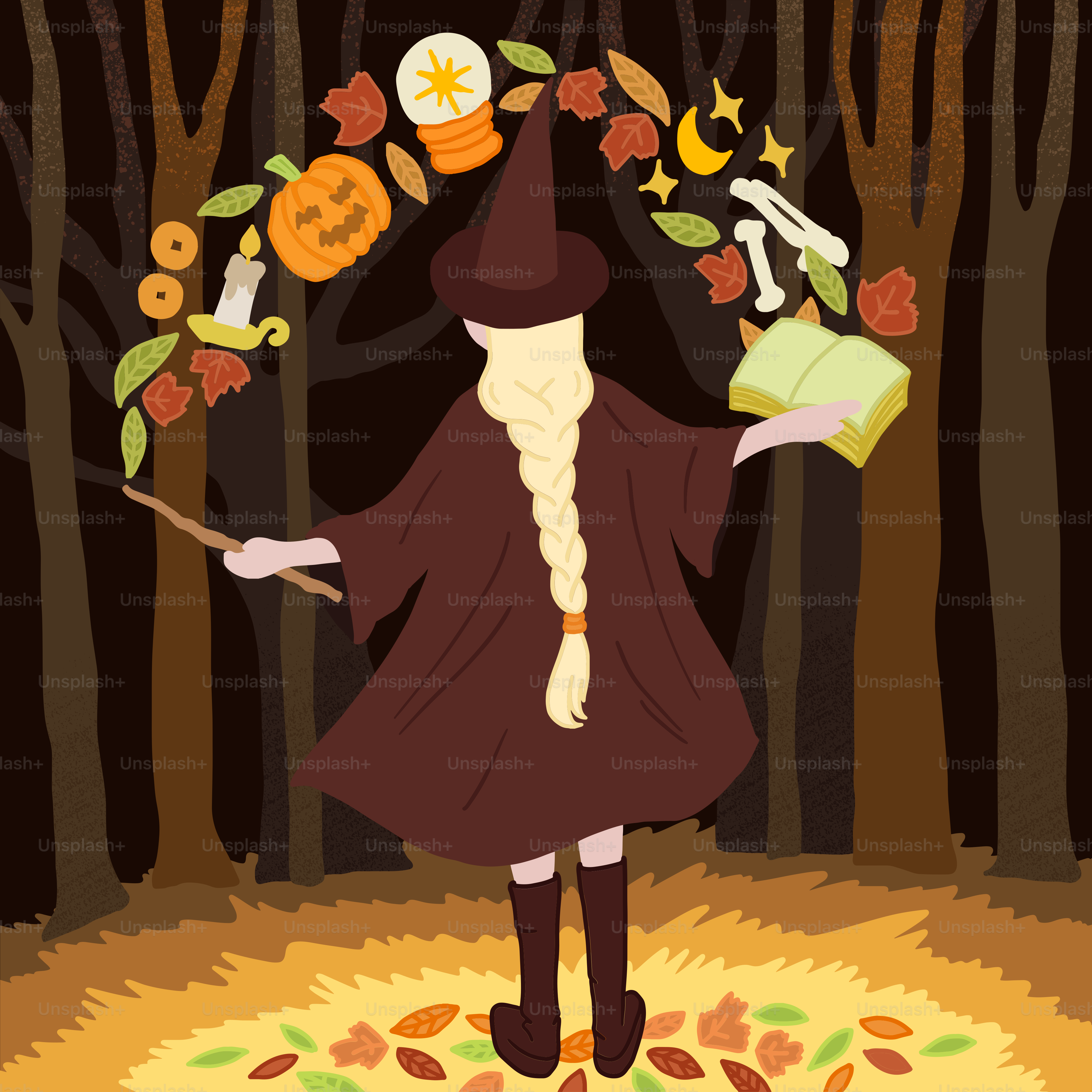 Un mago sosteniendo una varita en un bosque