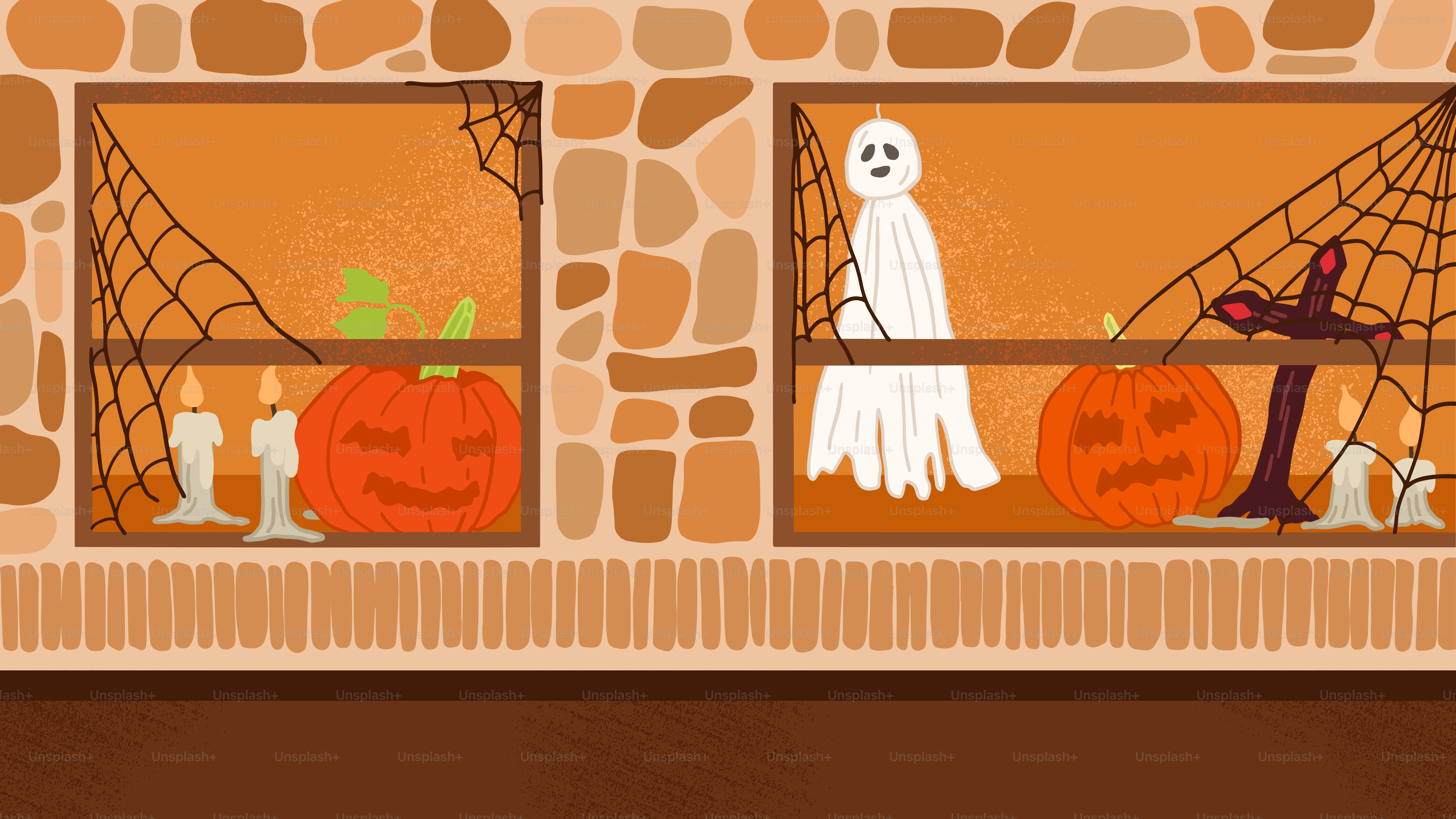 A window decorated for halloween with a ghost and pumpkins