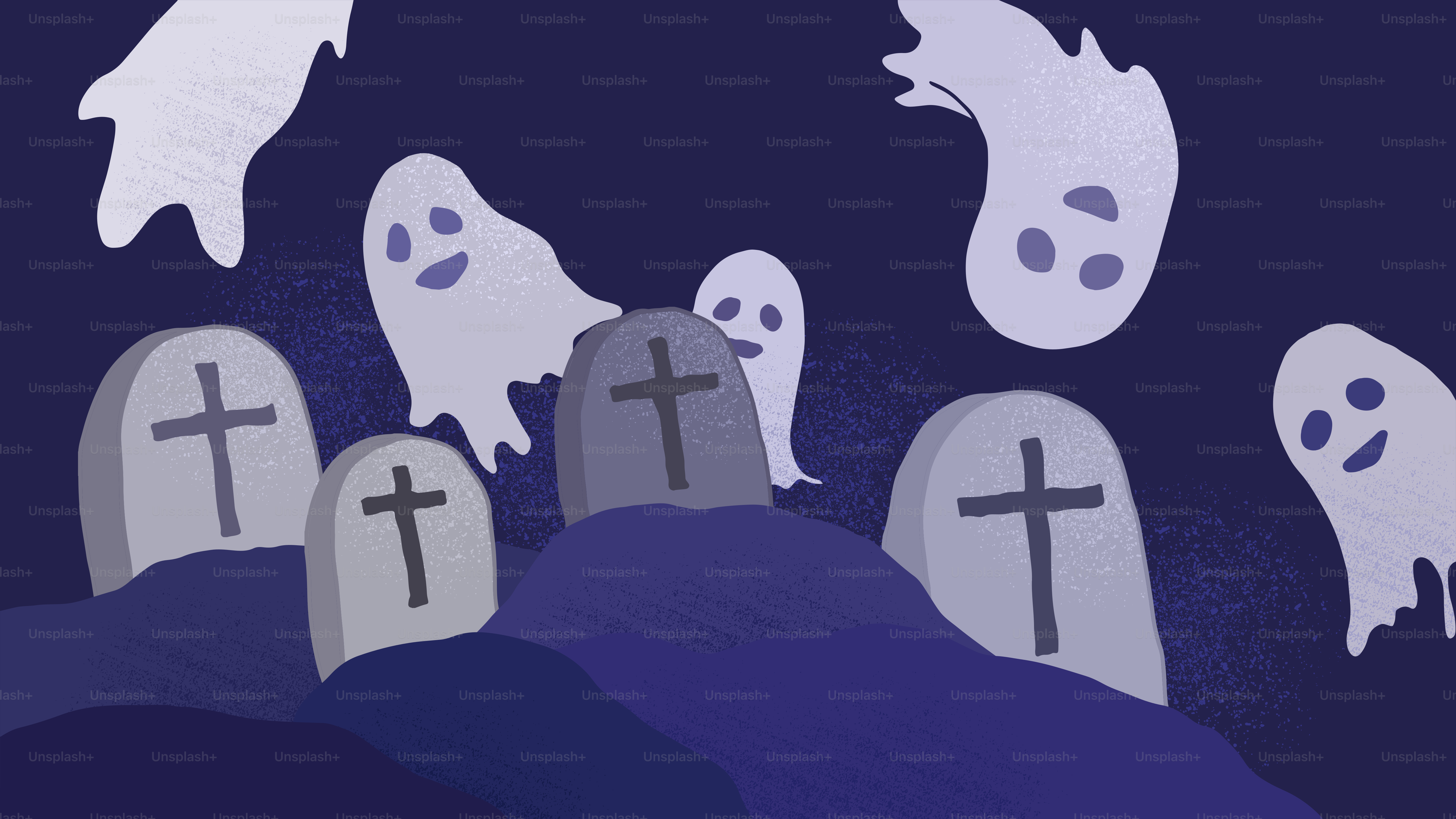 Un montón de lápidas con cabezas de fantasma