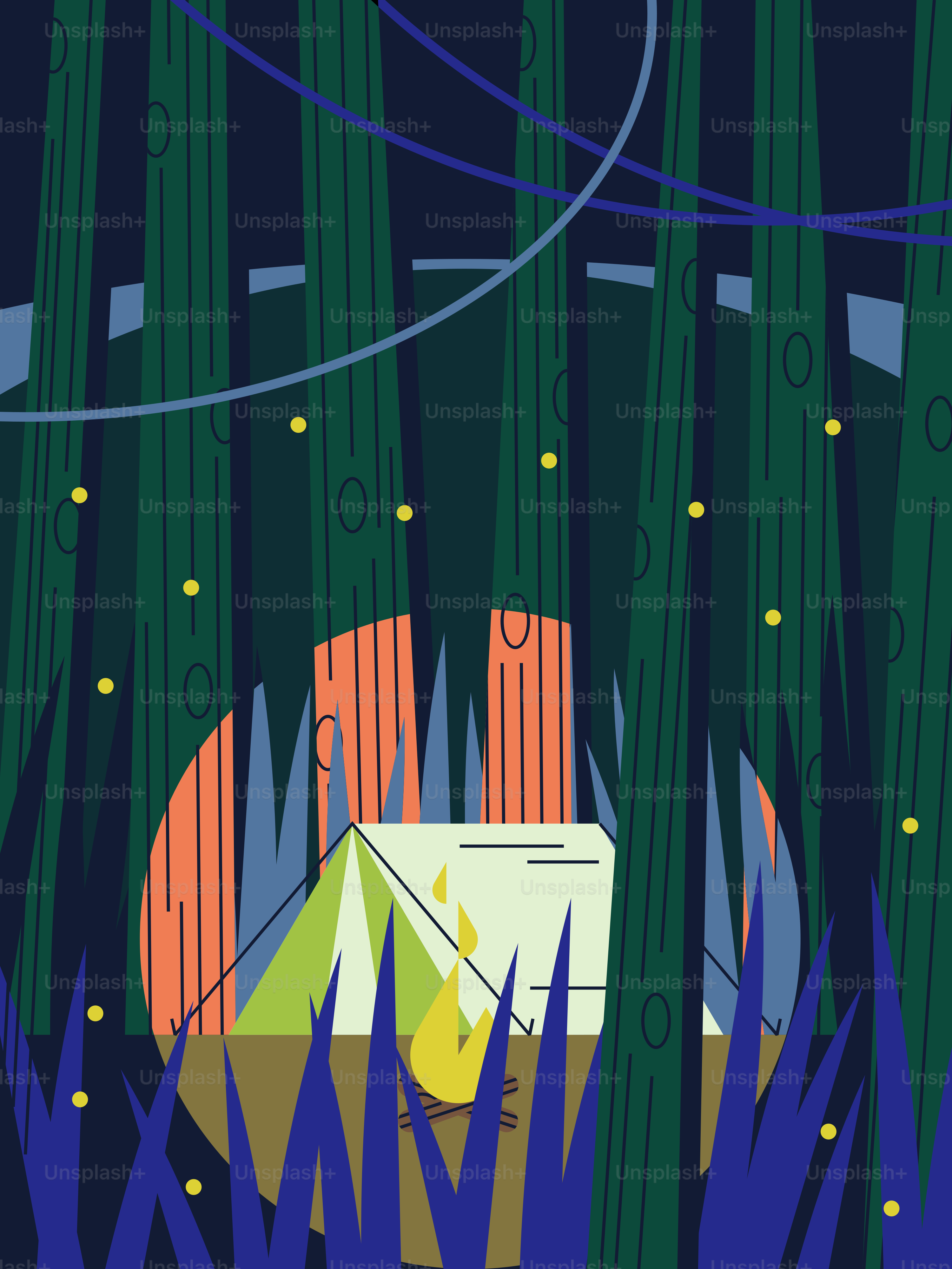 背の高い草の真ん中にあるテントのイラスト