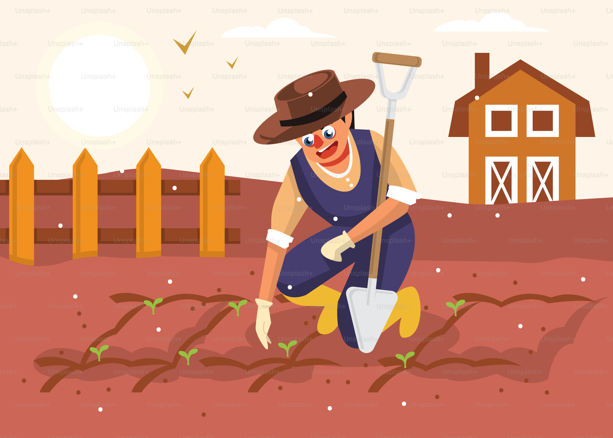 A man kneeling down in the dirt with a shovel