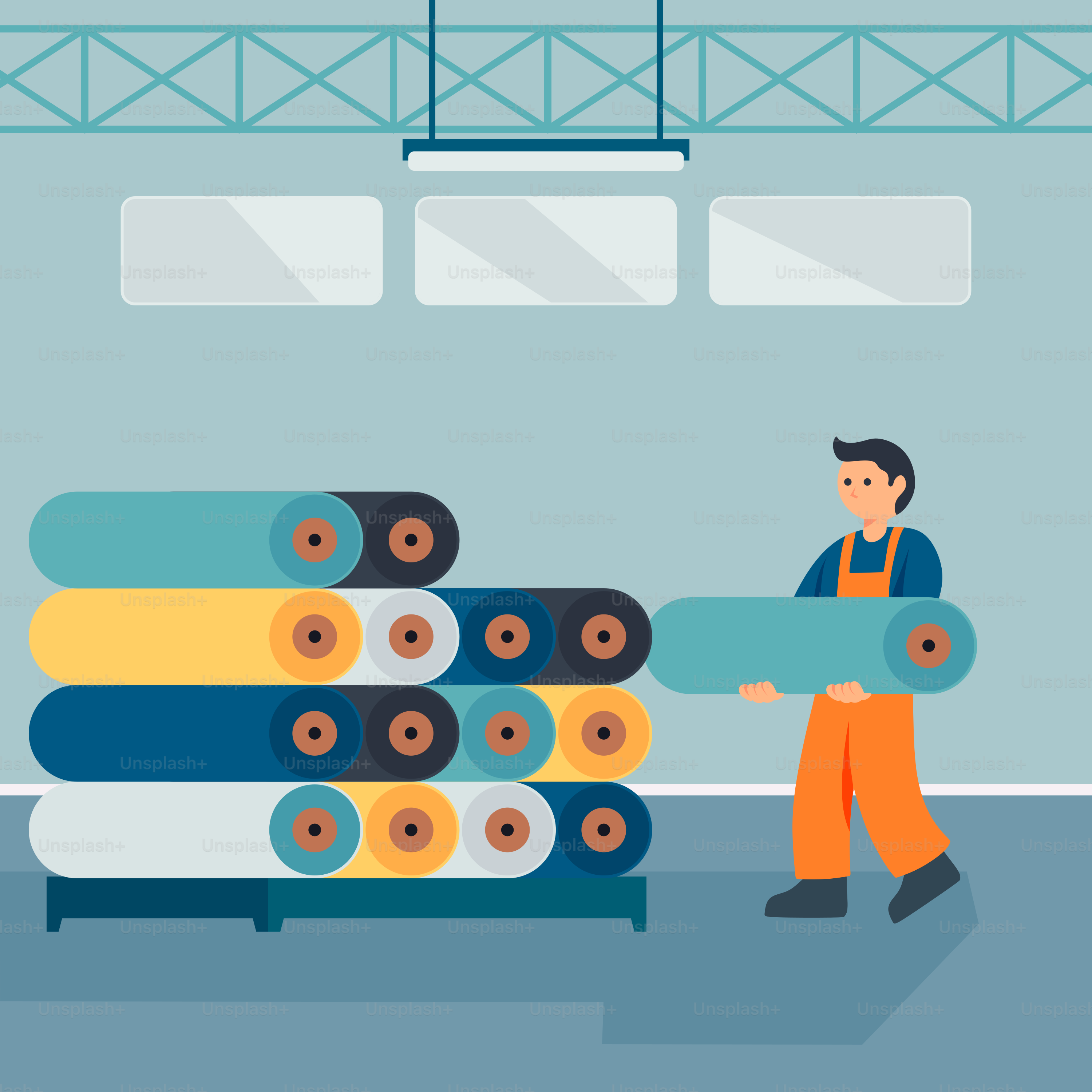 A man in an orange jumpsuit carrying a large stack of rolls of paper