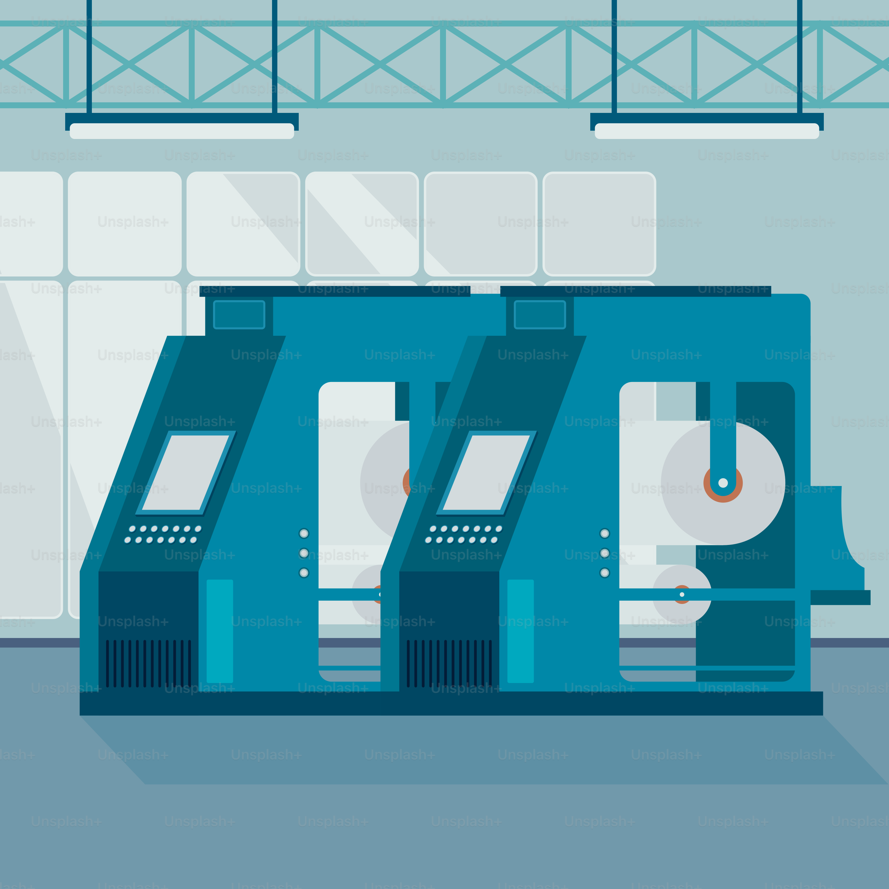 白い壁の工場の青い機械