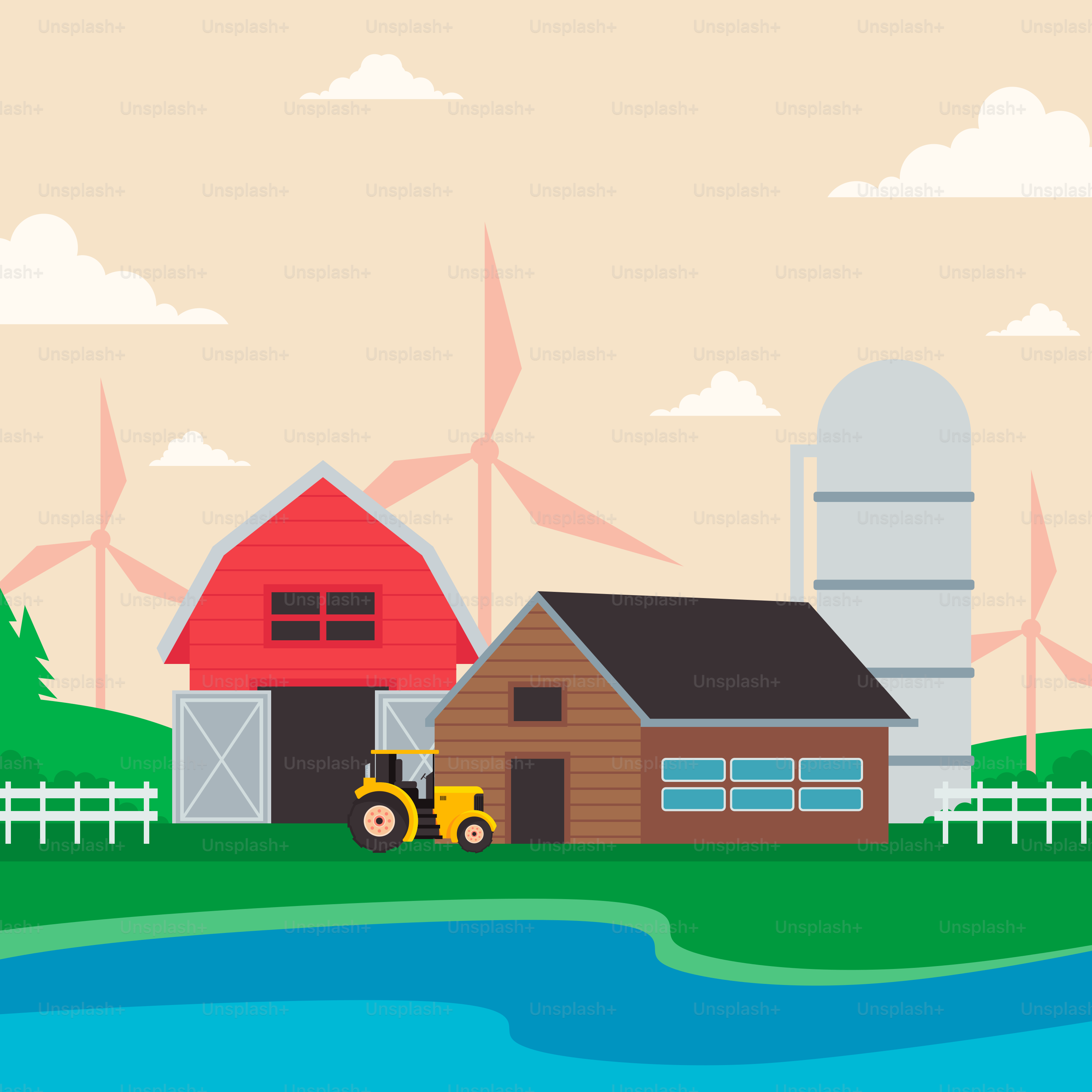 Ein Bauernhof mit Windmühlen und einer roten Scheune