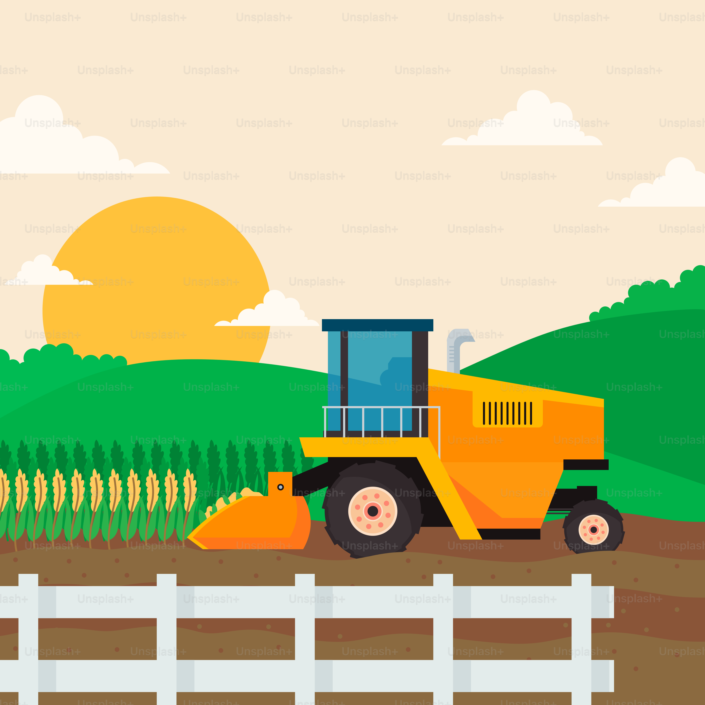 A farm scene with a tractor and a fence