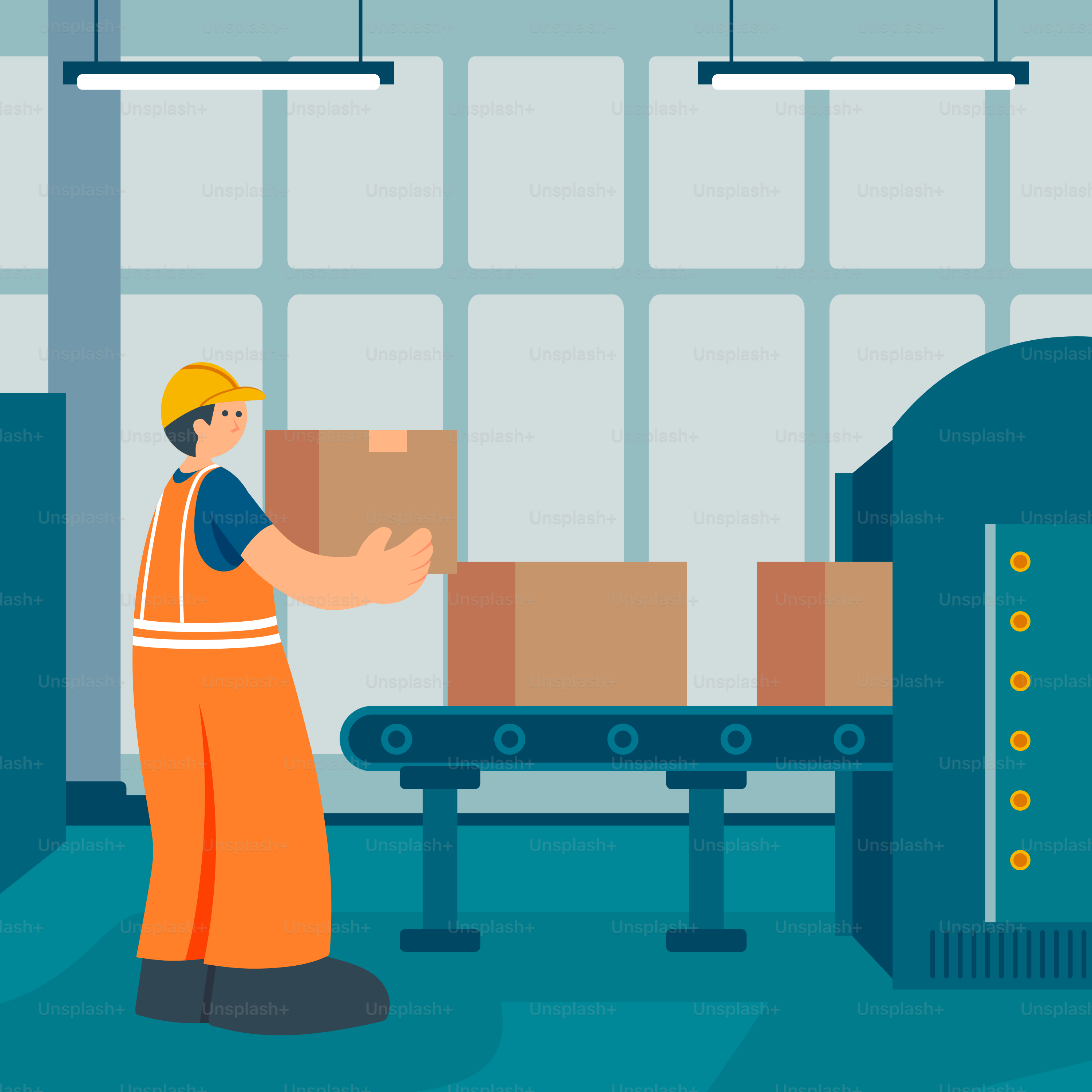 A man in orange overalls standing in front of a conveyor belt