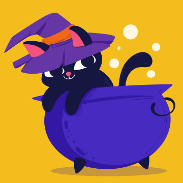 A black cat wearing a witches hat and holding a caulder