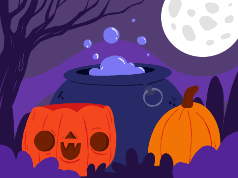 A halloween scene with pumpkins and a cauldster