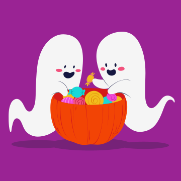A couple of ghost with a basket of candy