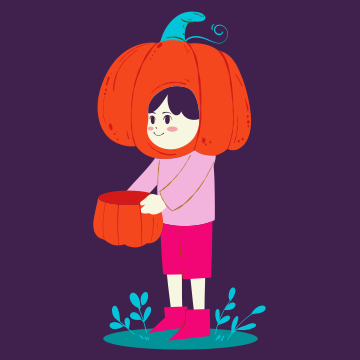 A little girl holding a bucket and a pumpkin