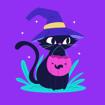 A black cat wearing a witches hat