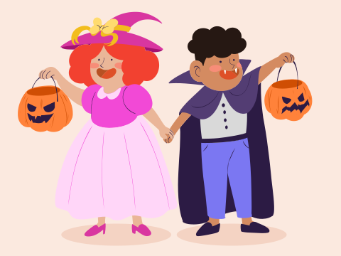 A boy and a girl dressed up in halloween costumes