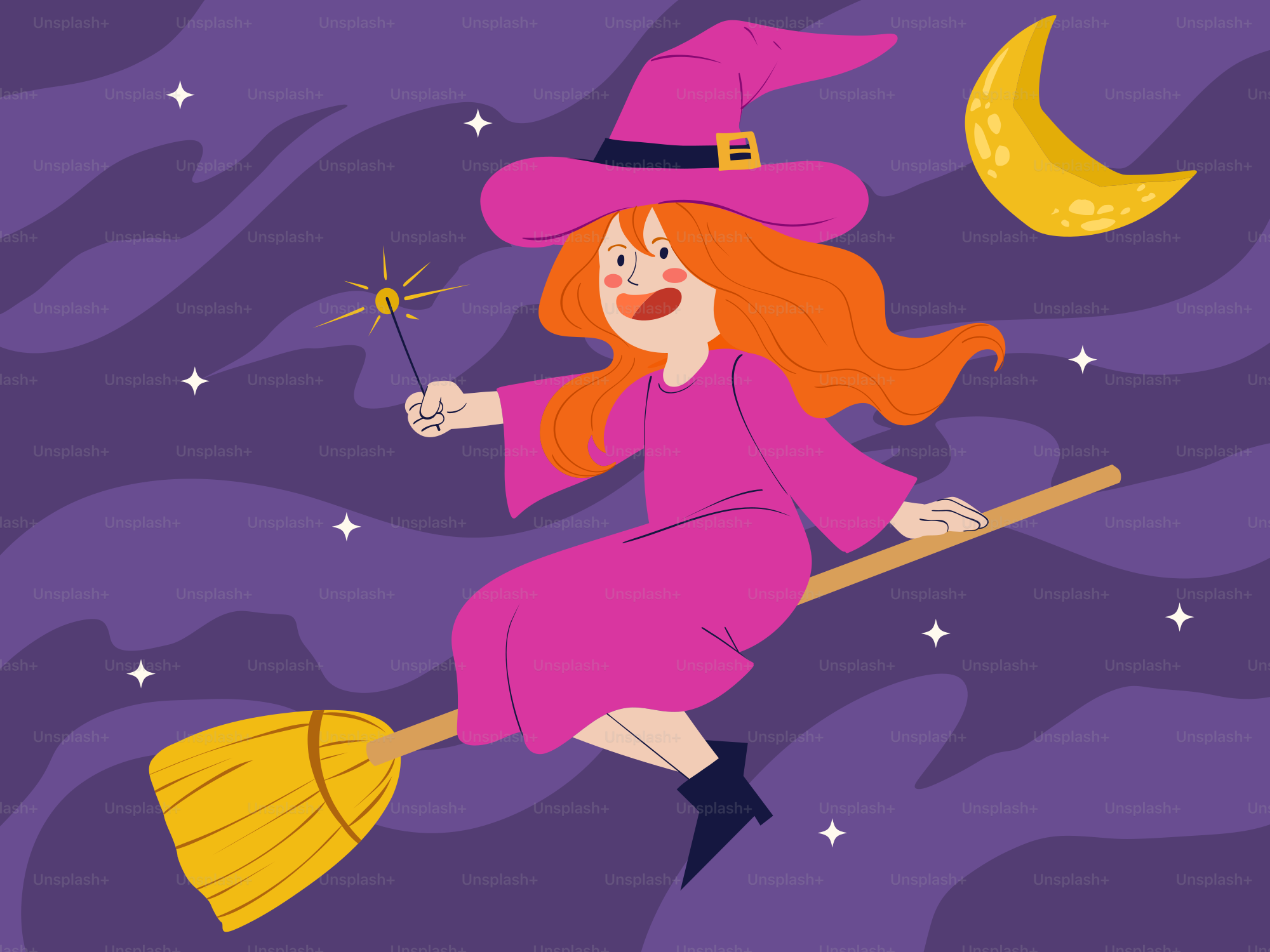 A cartoon witch flying on a broom