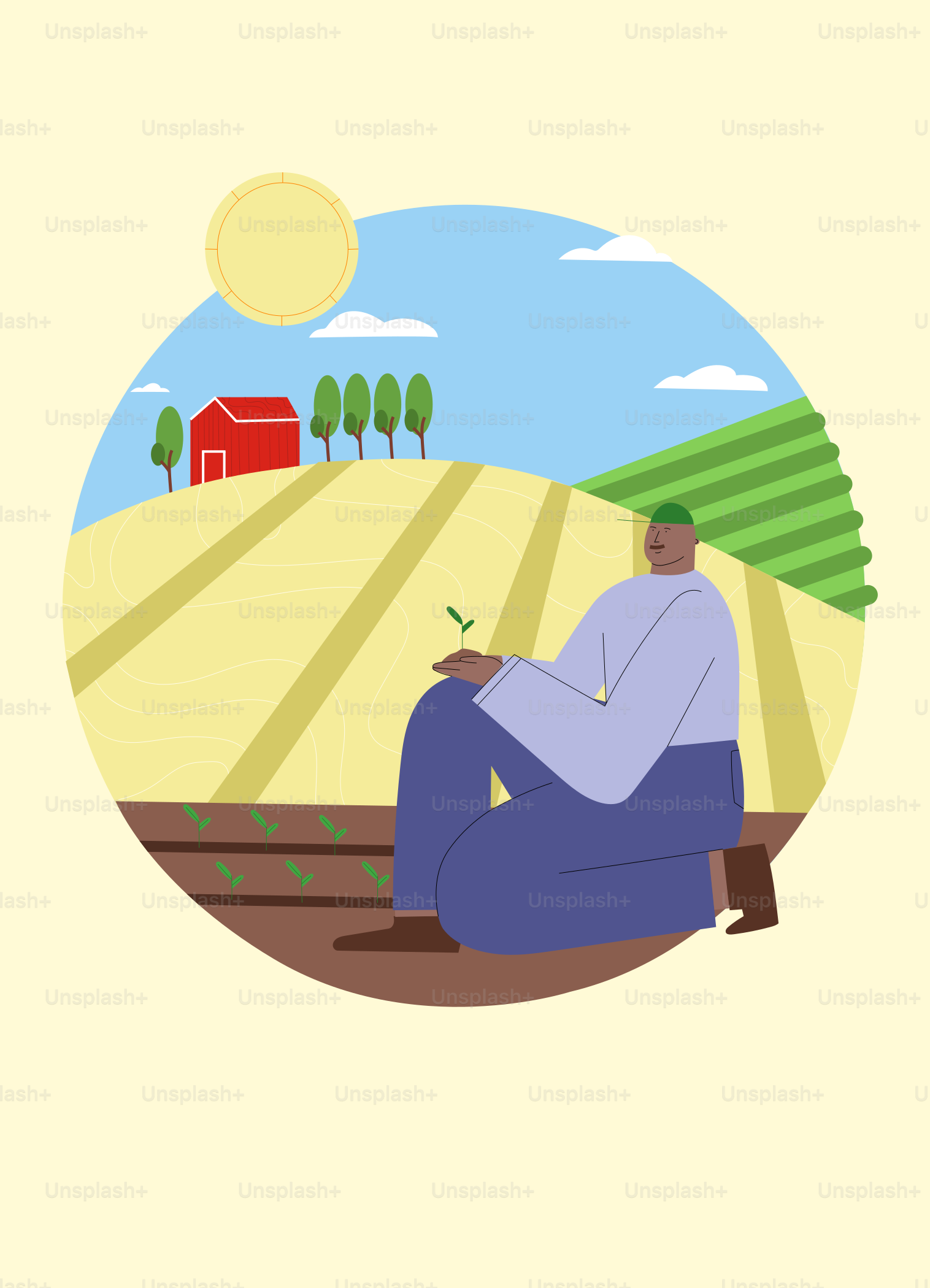 A man sitting on the ground in front of a farm