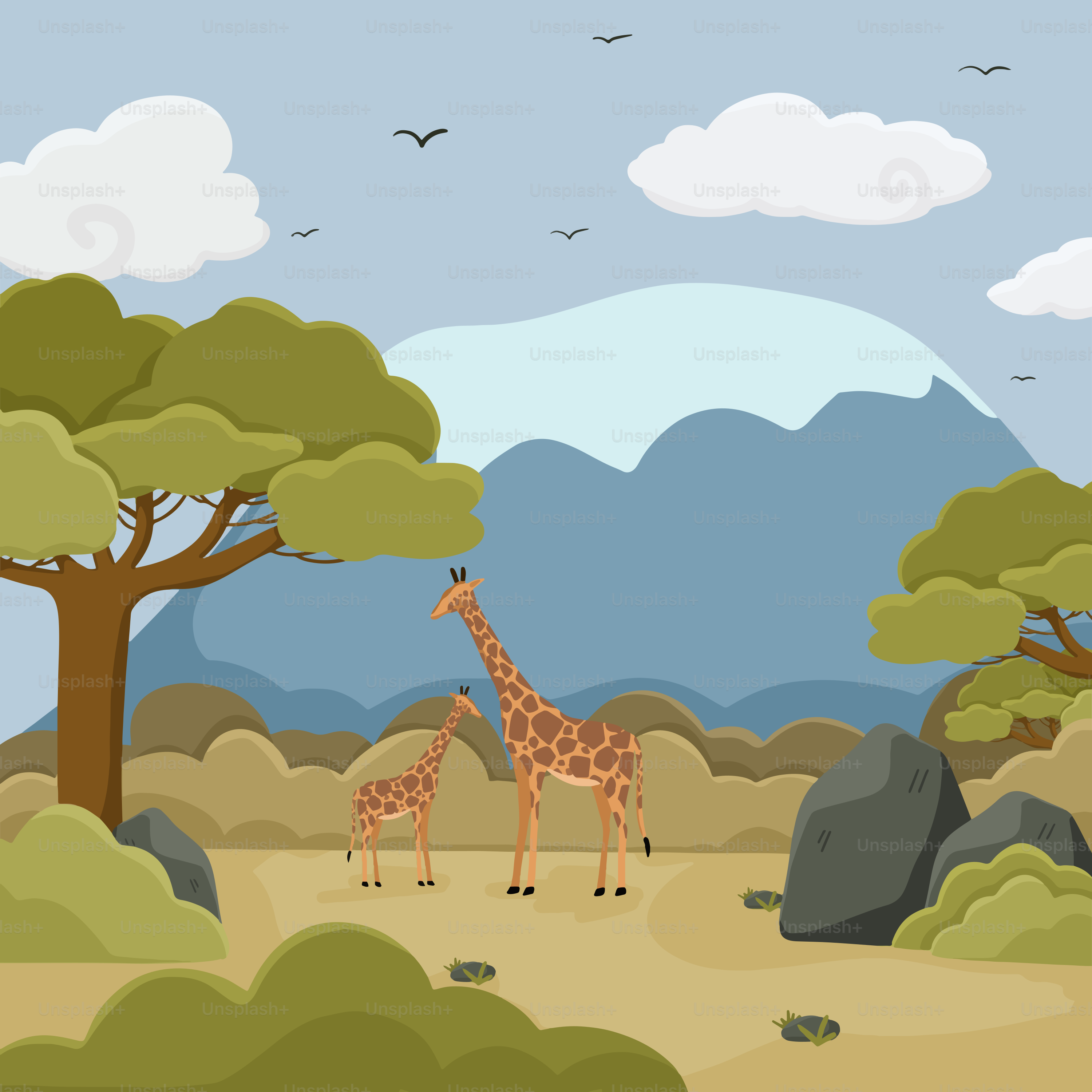 Um casal de girafas em posição uma da outra em um campo