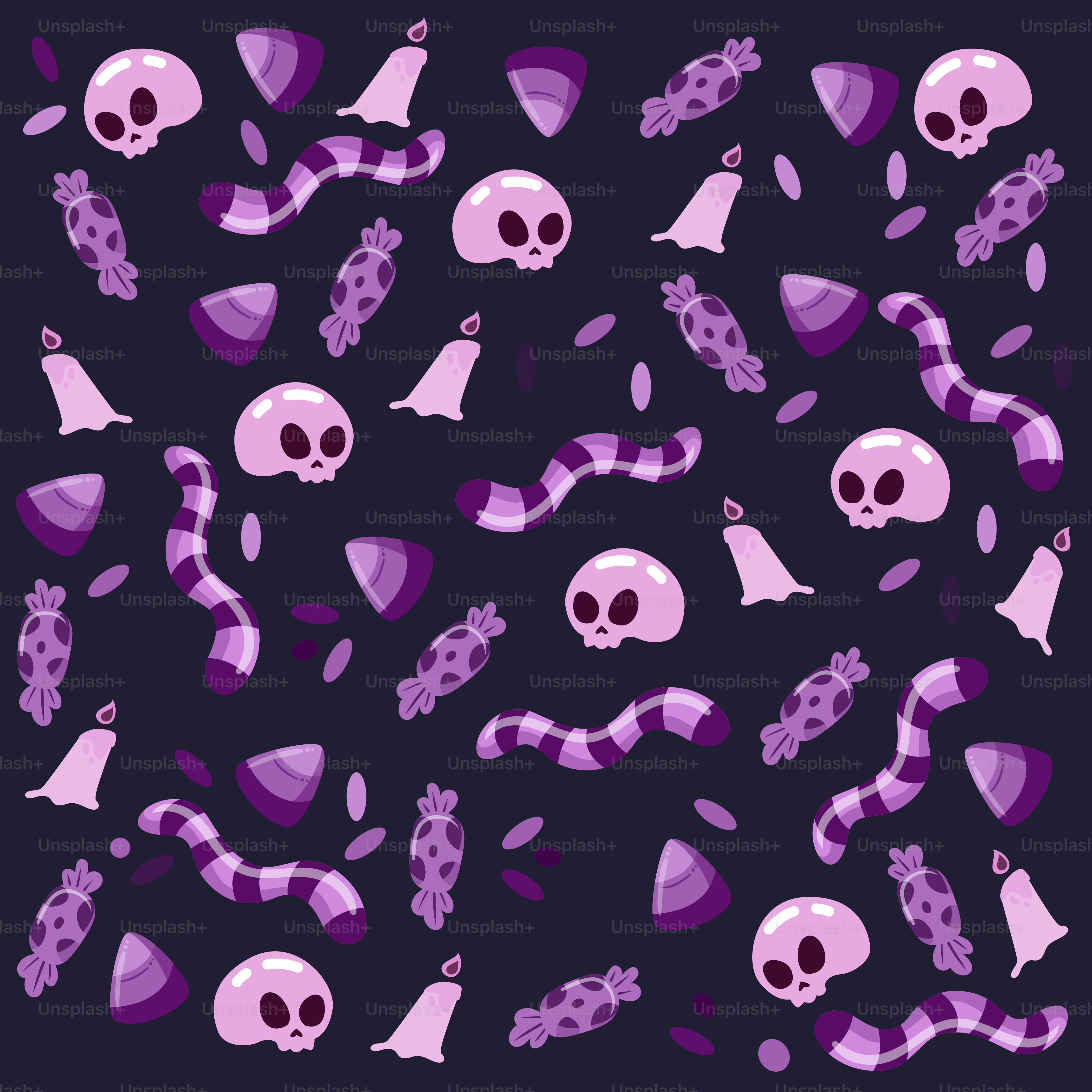 紫と白の頭蓋骨とコウモリの群れ