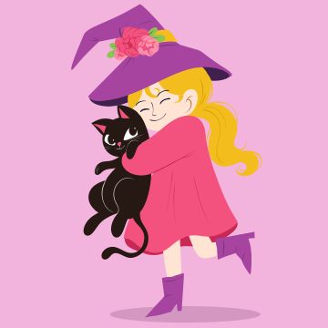 Una bambina che abbraccia un gatto nero su uno sfondo rosa