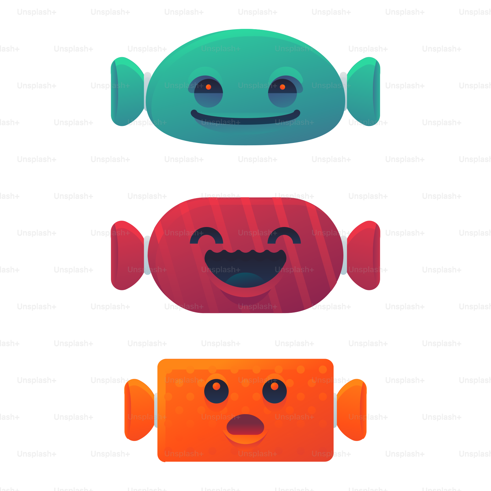 A group of different colored objects with faces