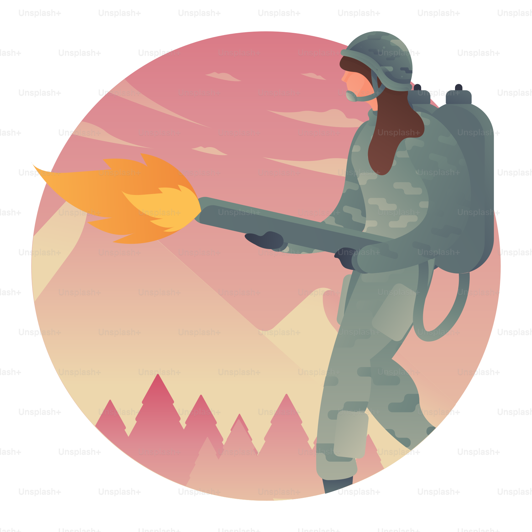 A woman in a gas mask holding a fire extinguisher