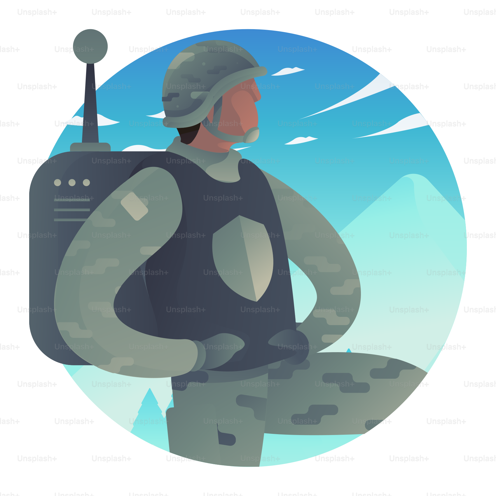 A man sitting on a rock with a radio on his back