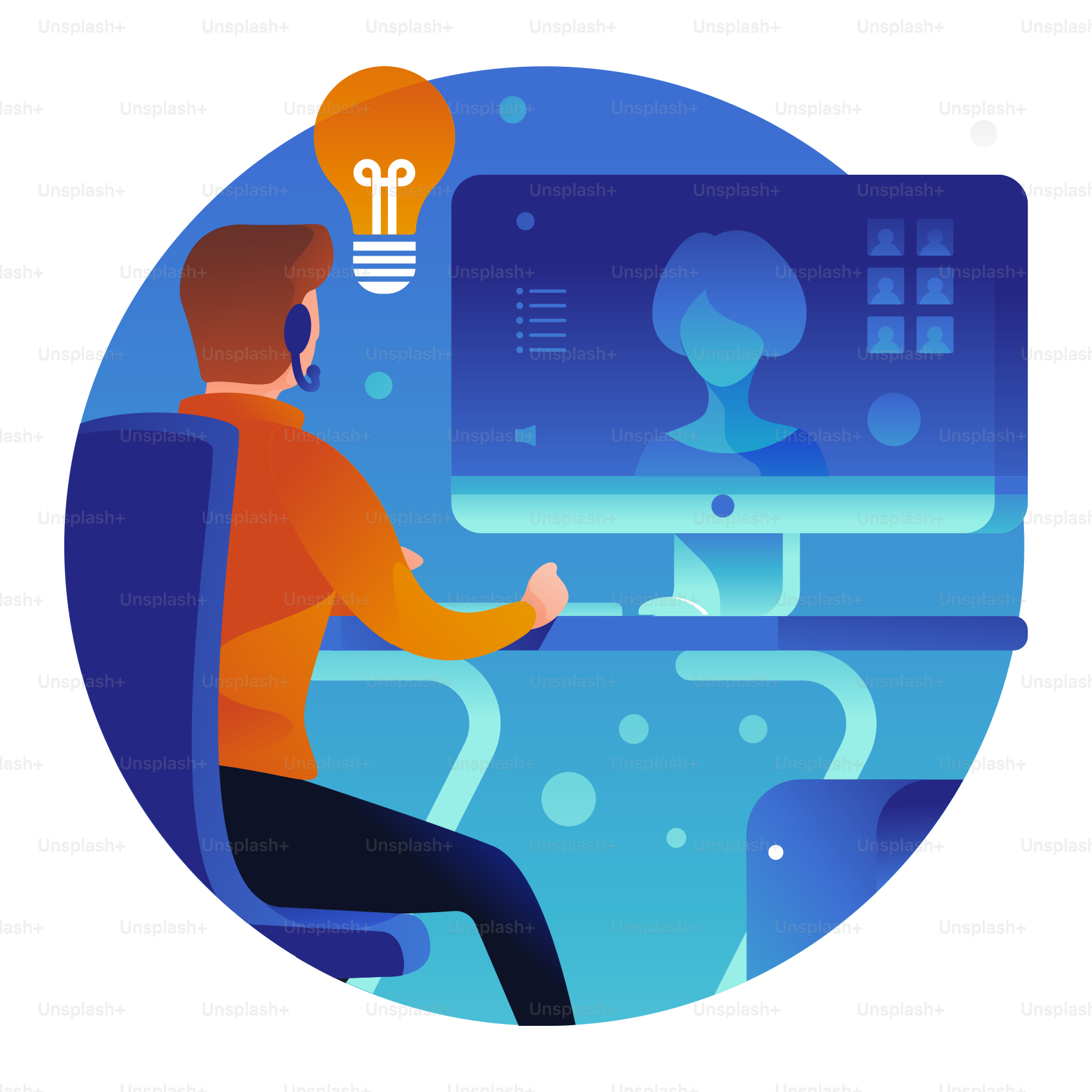 A man sitting in front of a computer with a light bulb above his head