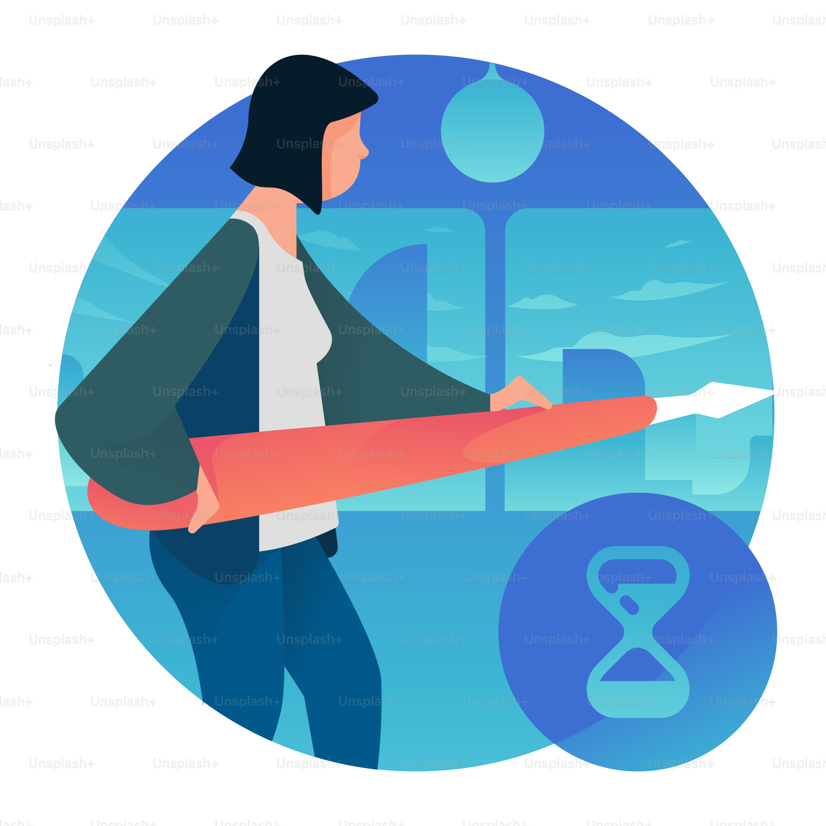 A woman holding a large object in her hand