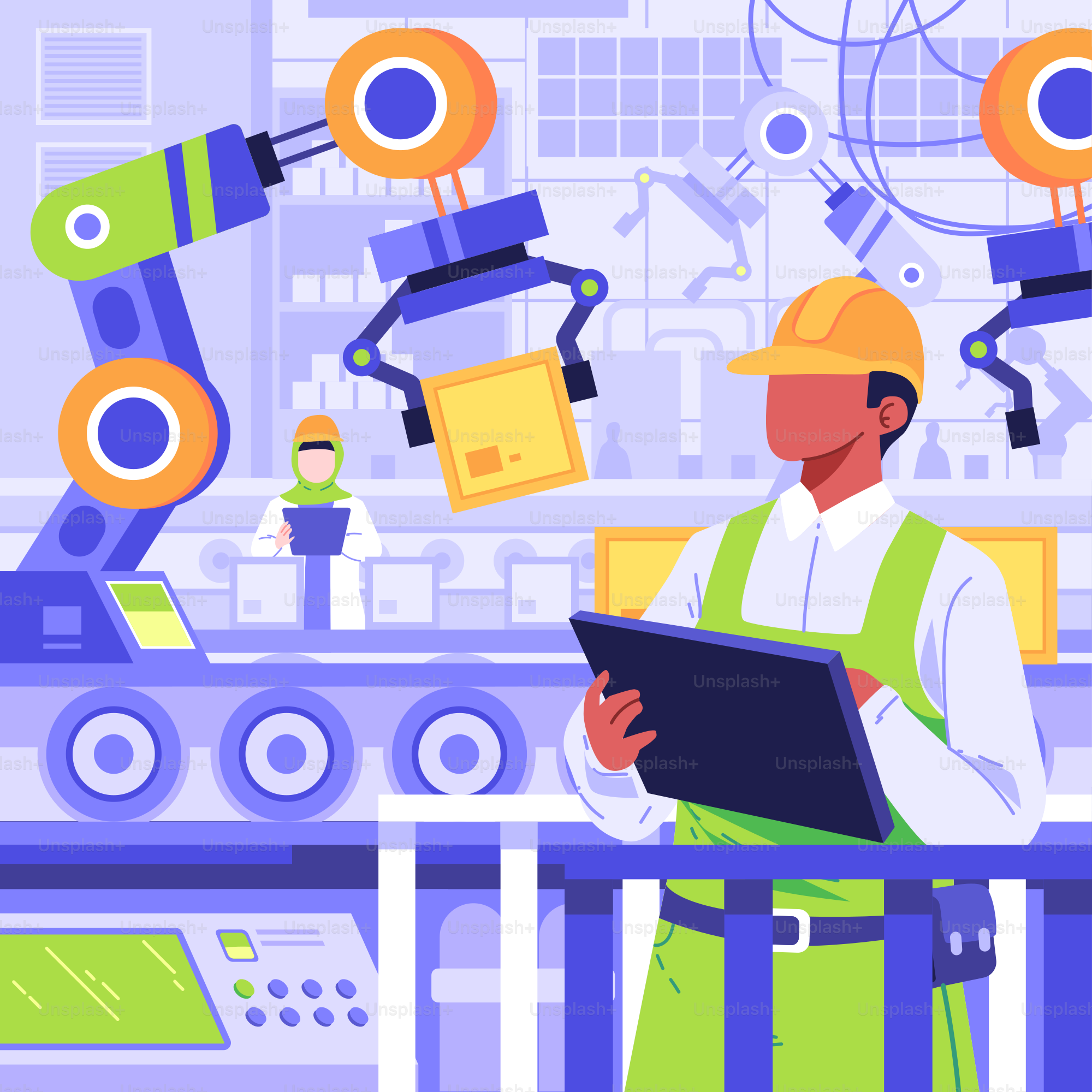 工場でタブレットを操作する男