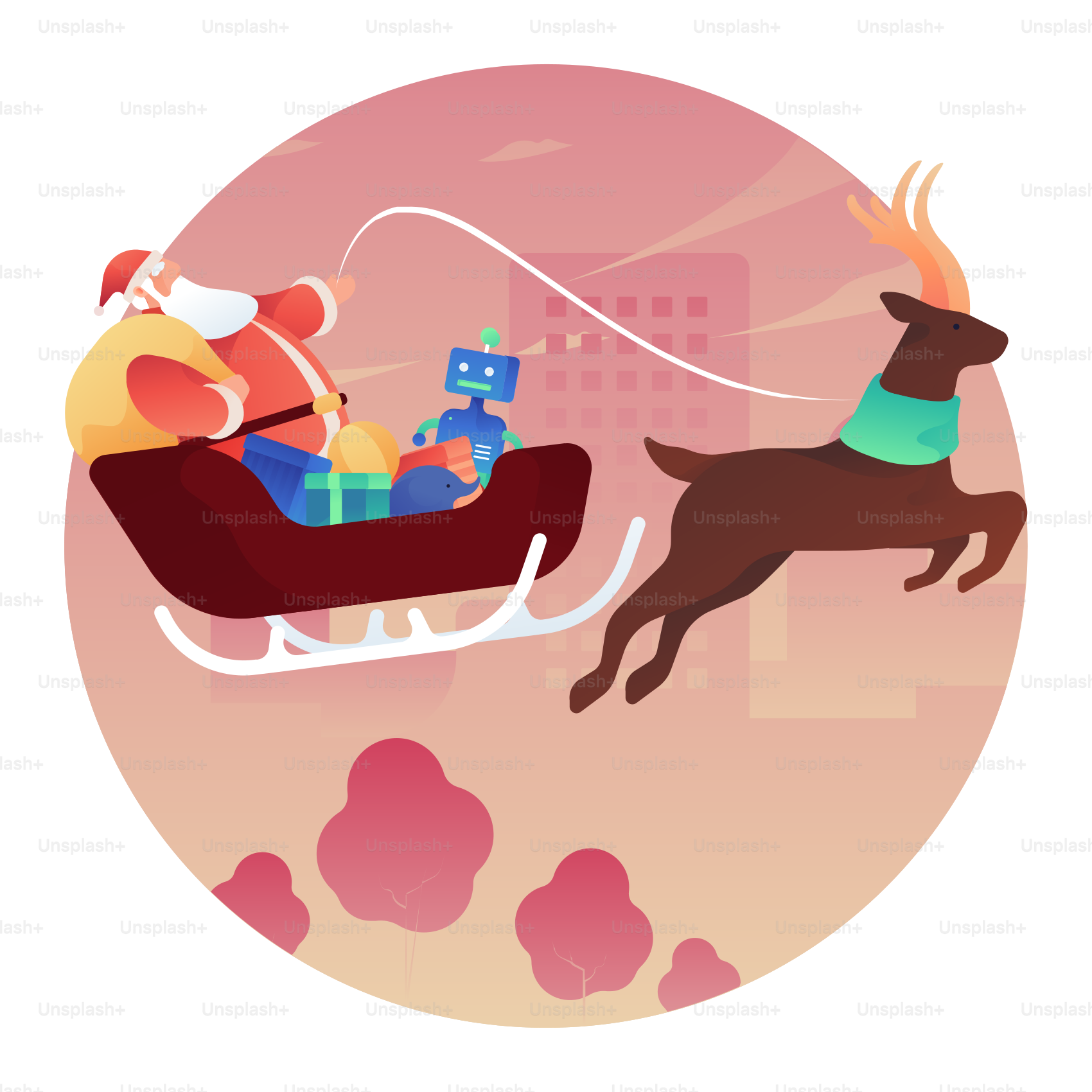 A dog pulling a sleigh with presents in it